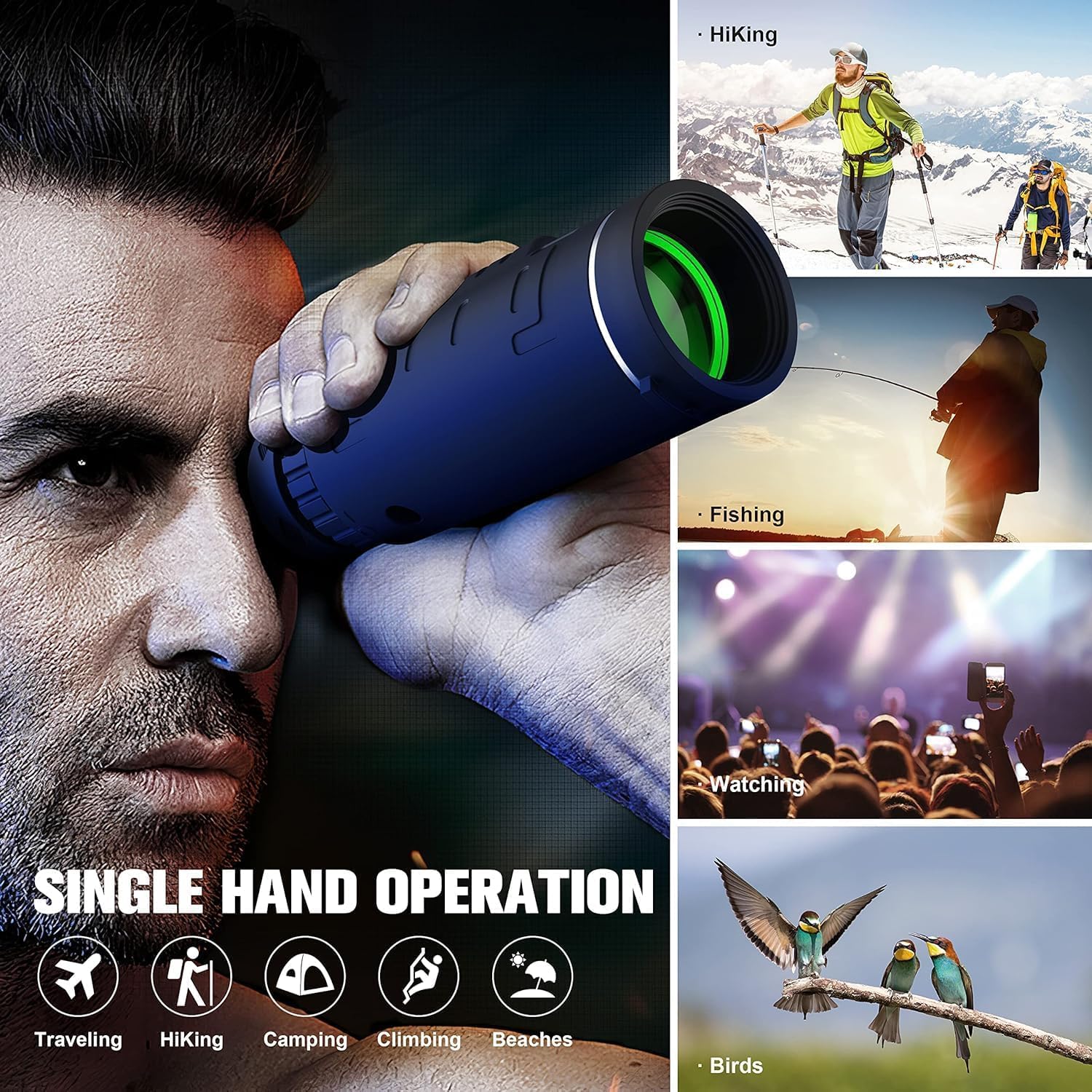 Hilarms 40X60 Hd Monocular Telescope, Monoculars For Adults High Powered With Smartphone Adapter & Tripod, Hiking Gear Night Vision Hunting Camping Star Watching Bird Wildlife