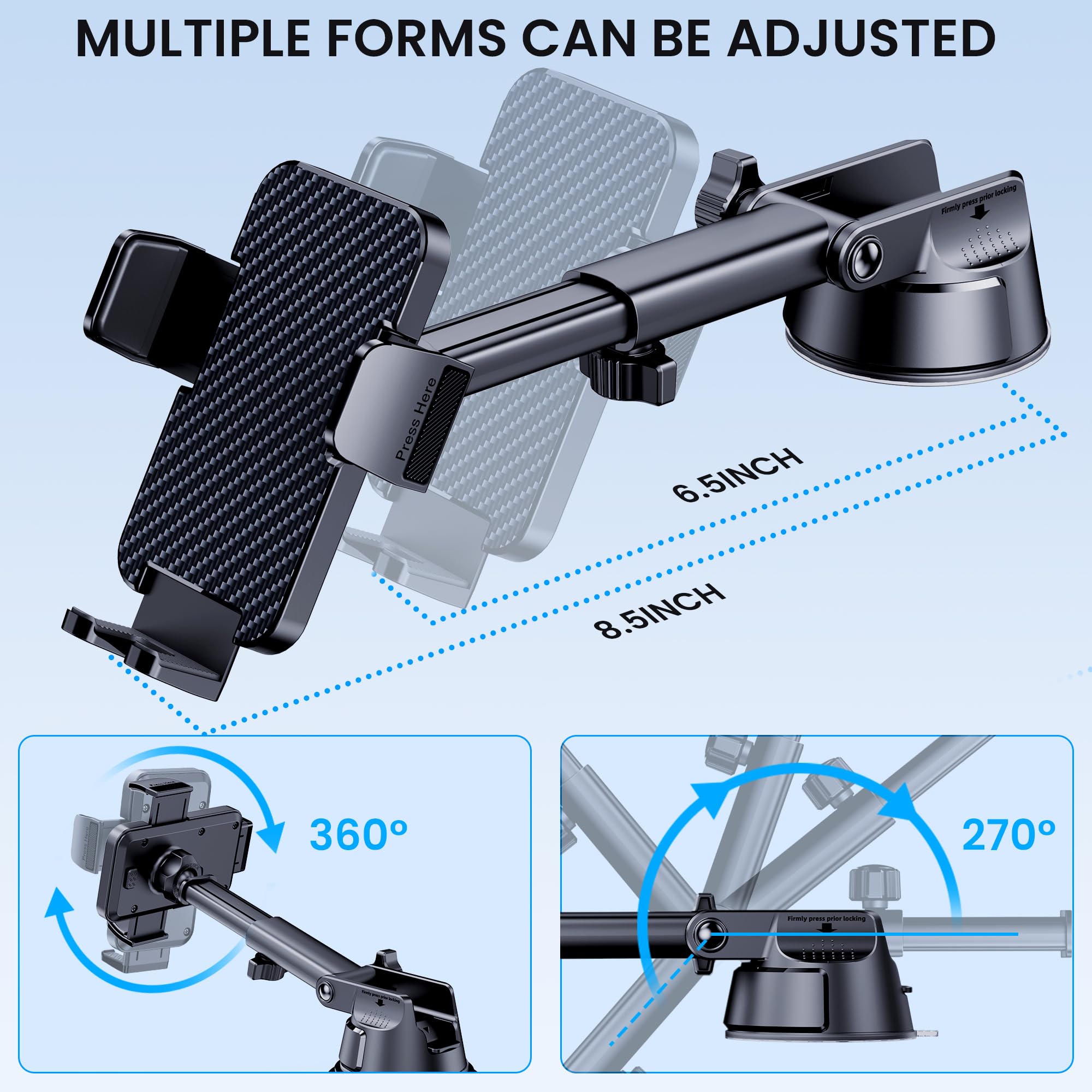 Guwez Phone Holder Car [Military Grade Suction Ultra Strong Base] Cell Phone Car Holder 3 In 1 Dashboard Windshield Air Vent Hands- For Iphone Android Phones