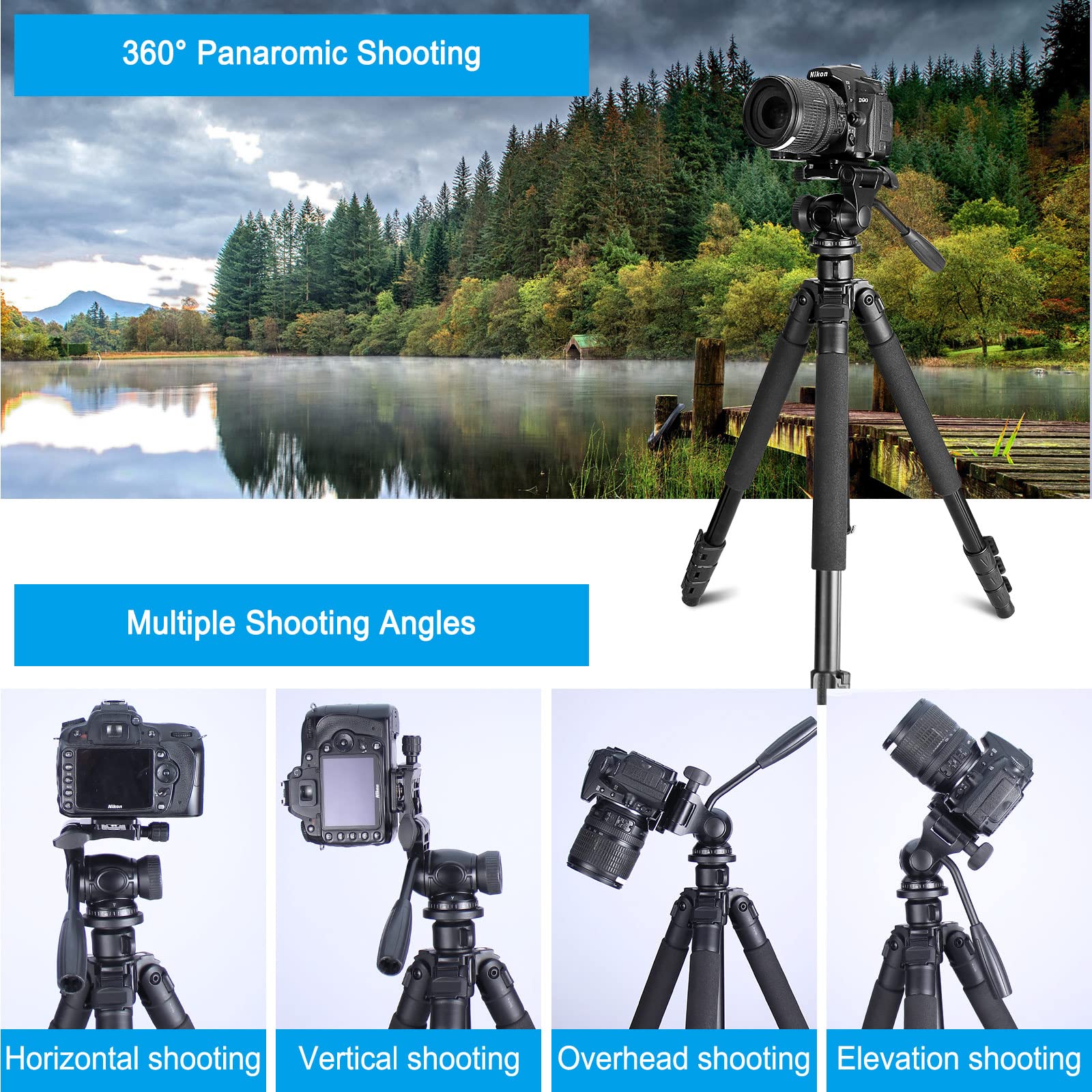 Celticbird 64.5 Inch Travel Portable Tripod- Compatible With Slr Cameras, Cell Phones, Binoculars, Spotting Scopes, Monoculars