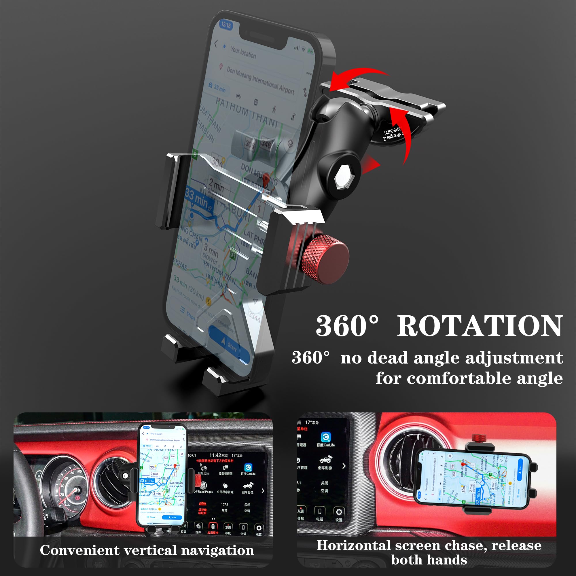 Easeord  Phone Mount For 2018- Jeep Wrangler Jl & Gladiator Jt & Sahara, Wrangler Air Vent 360° Rotation Cell Phone Holder Compatible Iphone Android Smartphone