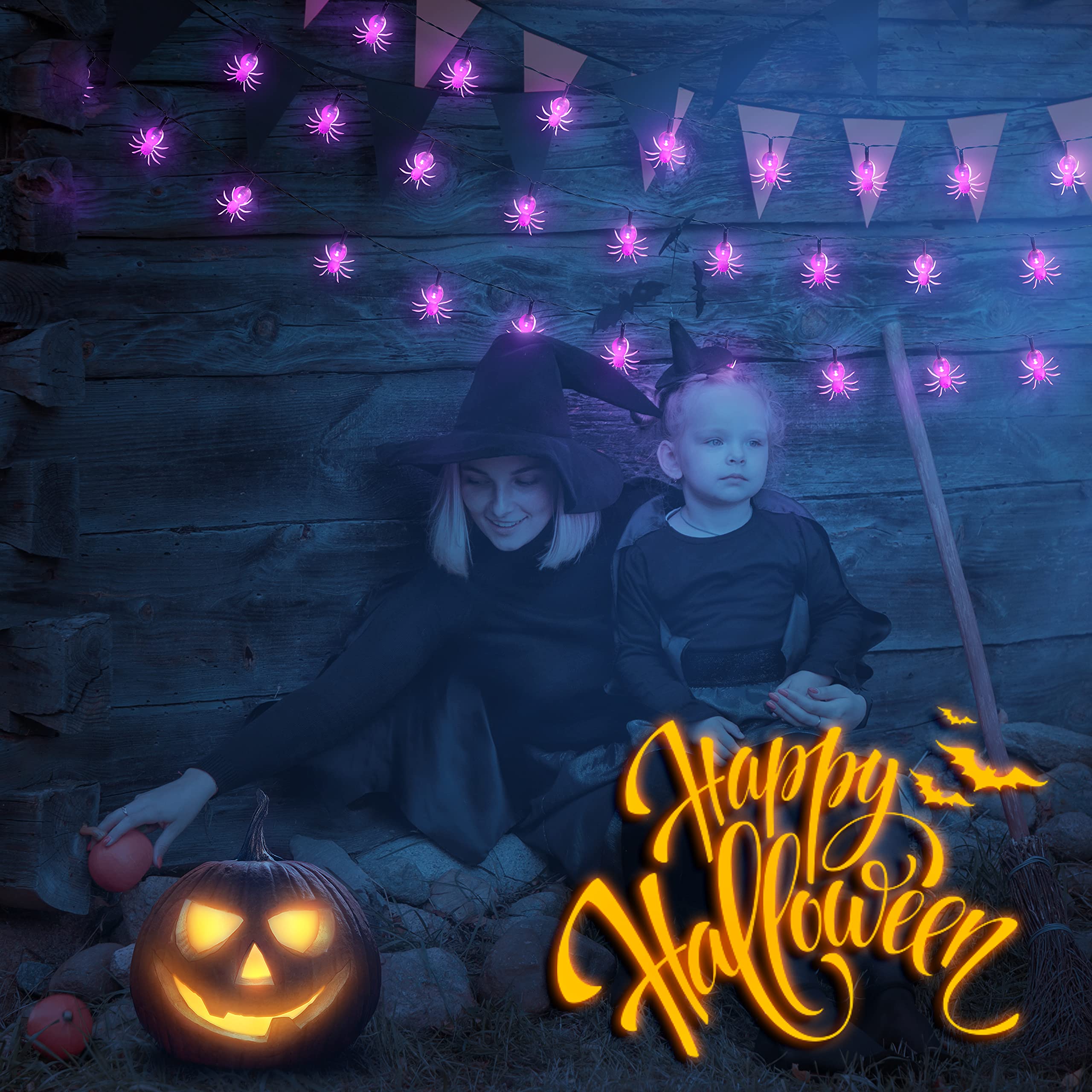 Oopswow Halloween Decor Spider String Lights, Solar String Light,2Pack 20Ft 30 Led Outdoor Decorative Lights For Patio, Garden, Gate, Yard, Halloween Christmas Decoration (2Pack,Spider)