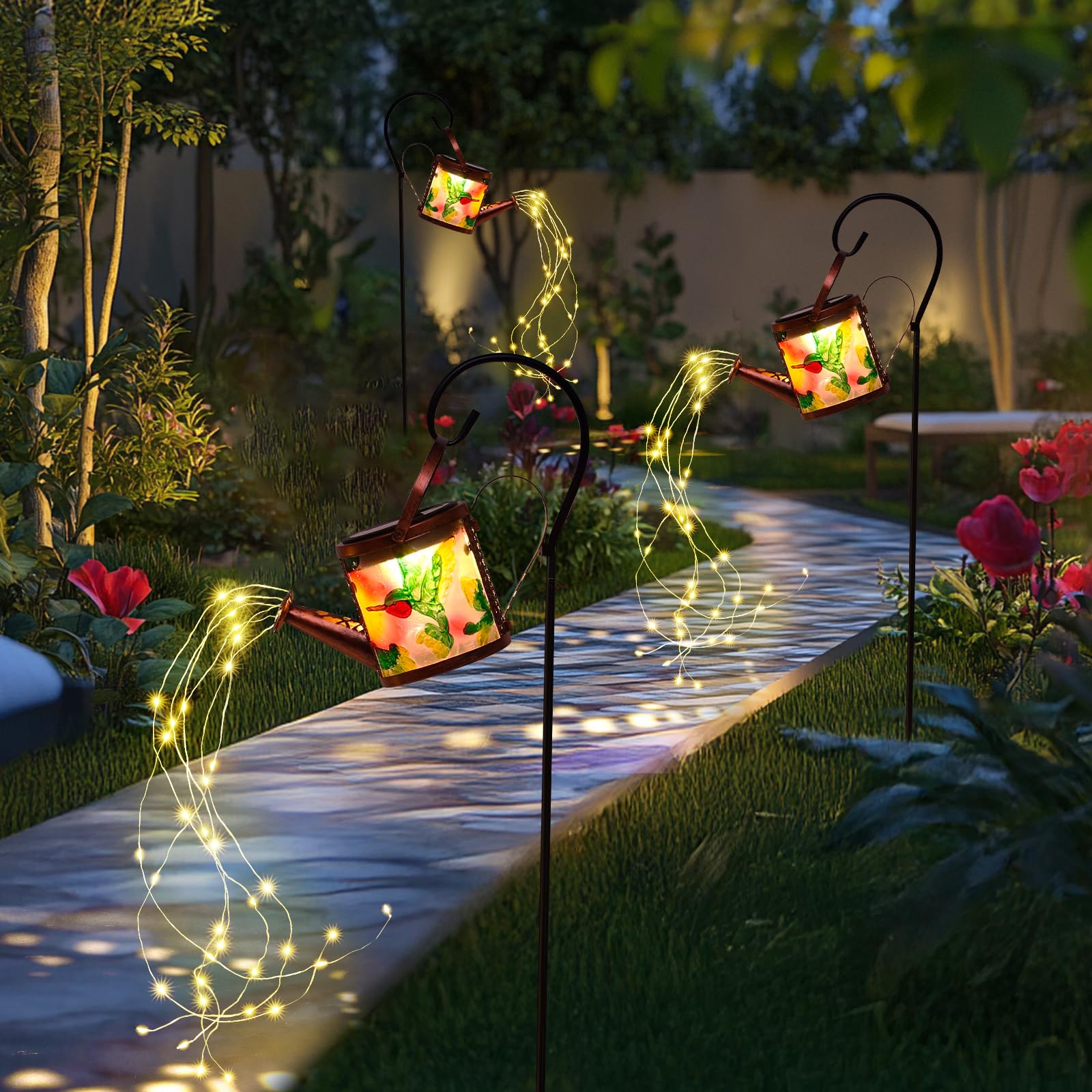 Pearlstar Watering Can Solar Light Hummingbird Watering Can Lights Hanging Lanterns Outdoor Solar Landscape Lights Waterproof Garden Yard Patio Decor Gardening  For Women