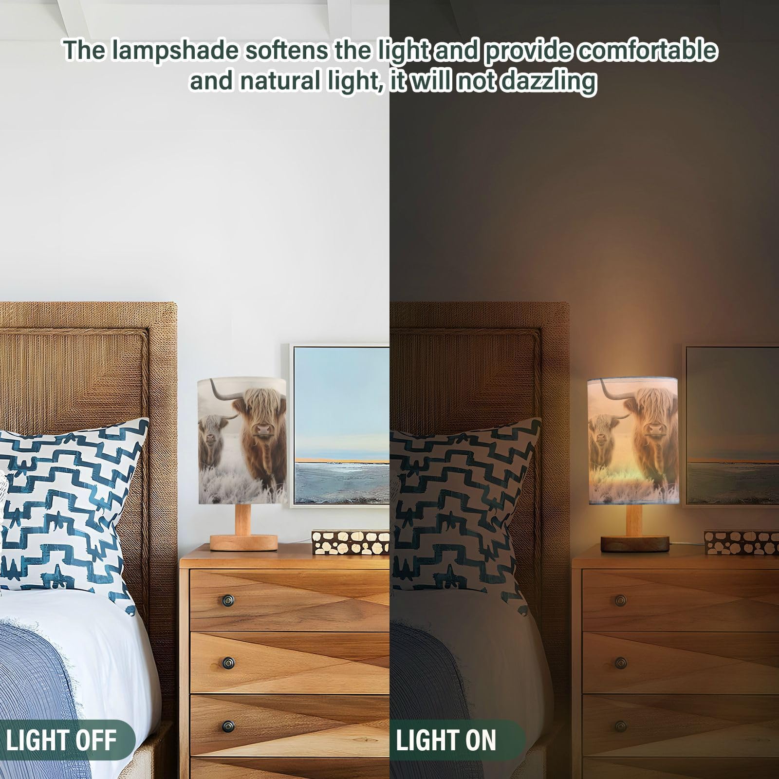 Keepreal Cool Highland Cow Bedside Table Lamp - Usb Small Nightstand Lamp, Wood Base Led Desk Light For Bedroom,Living Room, Office Desk