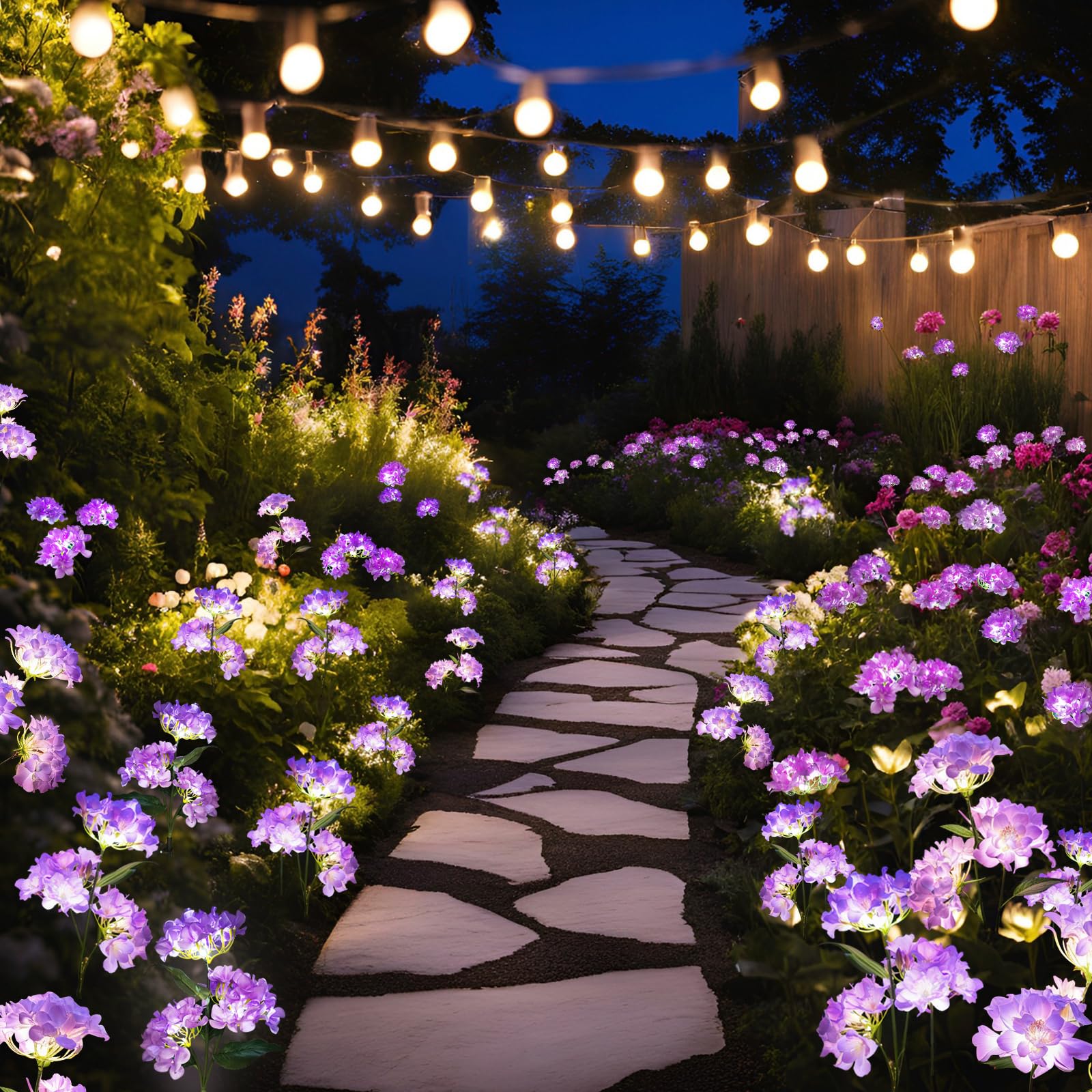 Yaodema Garden Lights Solar Flower Light, Led Solar Powered Outdoor Light Decor For Path Yard Walkway Patio Balcony Lawn, Hydrangea Artificial Flower (Purple, 2)