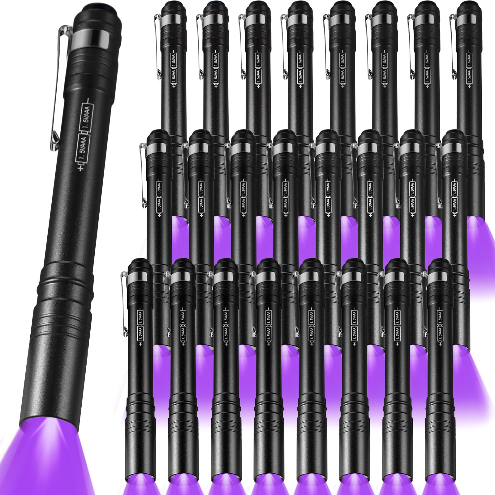 Rossesay 24 Pack Uv Blacklight Flashlights Bulk, 395Nm Uv Pen Light With Clip, Led Handheld Blacklight Detector For Leak Pet Urine Hotel Inspection Dry Stain Neon Party Favors(Black)