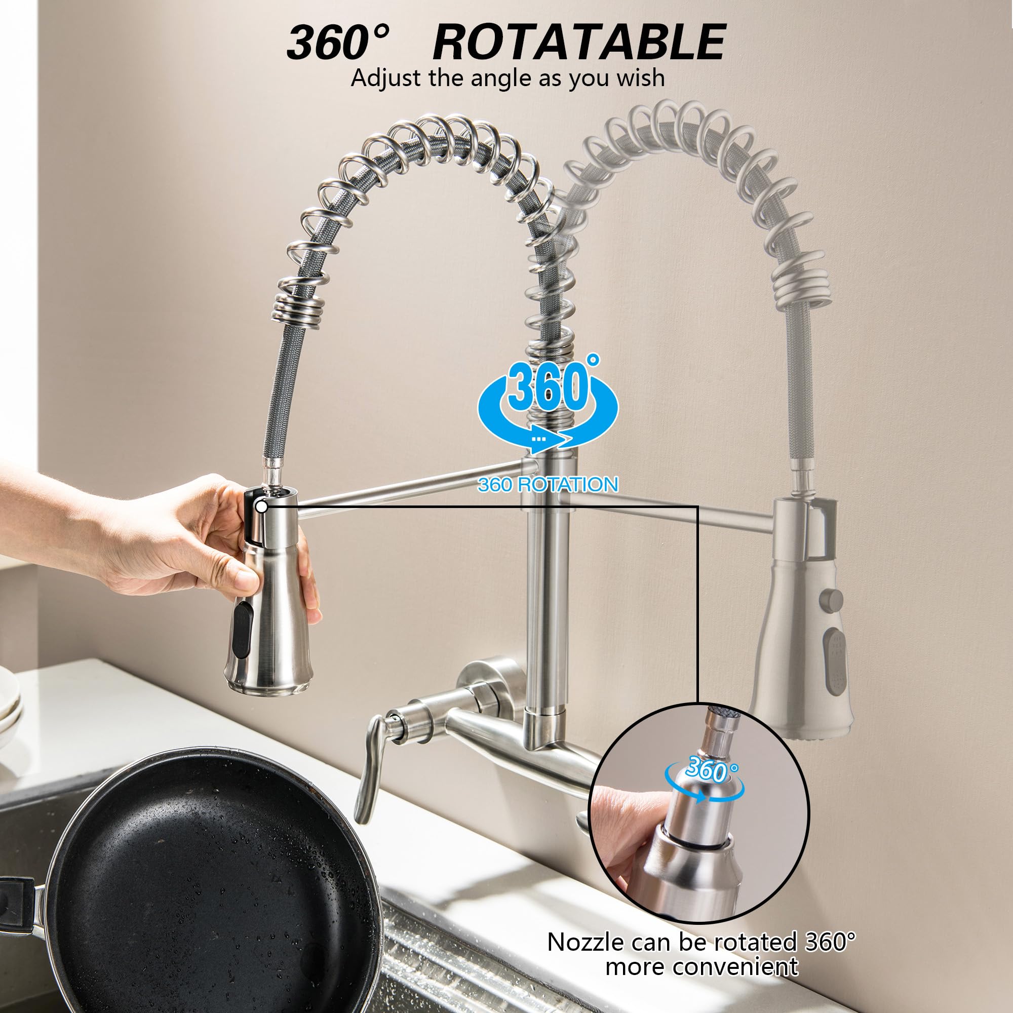 Guoyindong Wall Mount Kitchen Faucets, Wall Mounted Kitchen Faucet 8 Inch Center Brushed Nickel Wall Kitchen Sink Faucets With Sprayer