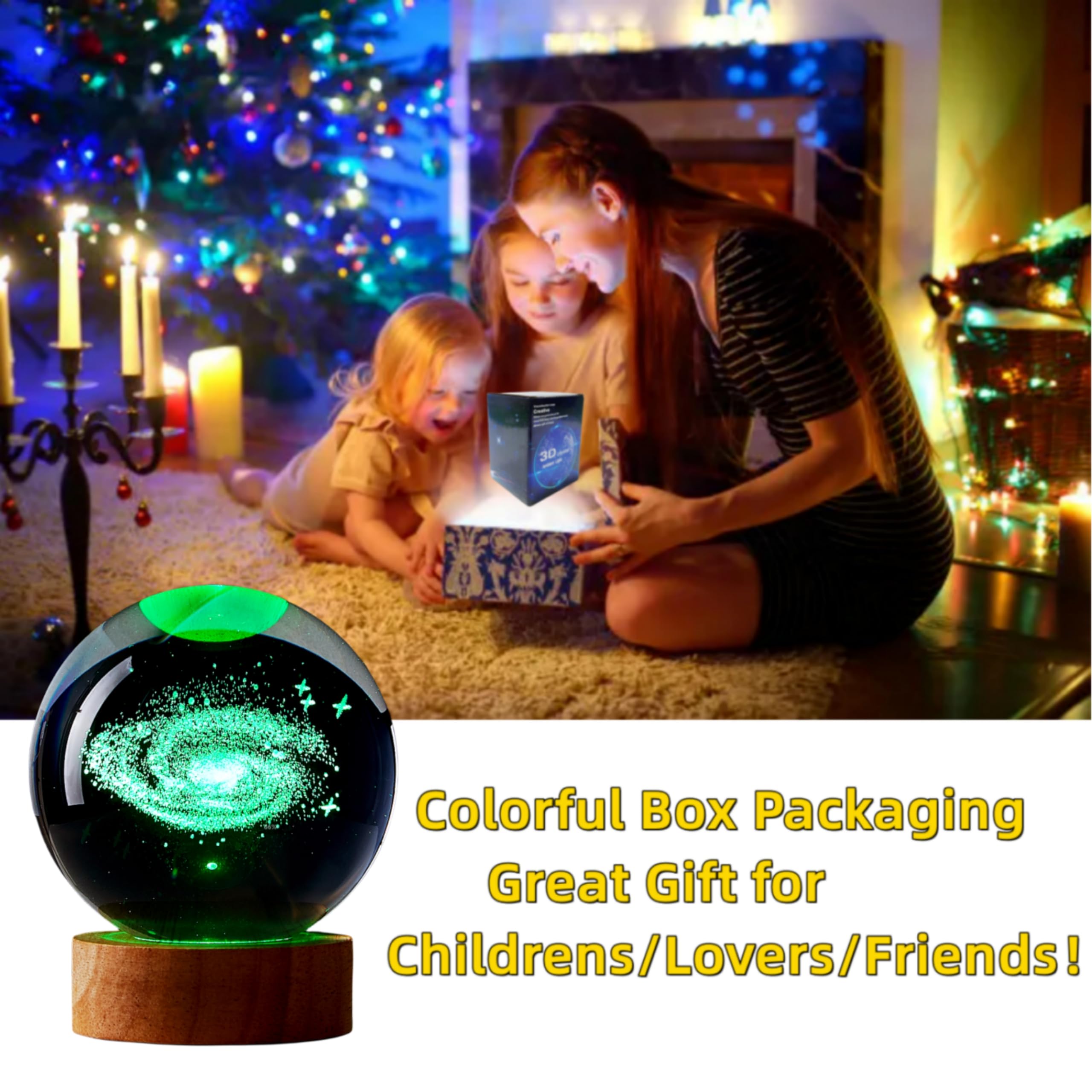 Conalisk 3D Galaxy Crystal Ball Lamp,3.15 Inch K9 Crystal Ball Night Light With Wooden Base,16 Colors Changing Light With Dimmable Remote Control,3D Laser Engraving Holographic Lamp (Galaxy)