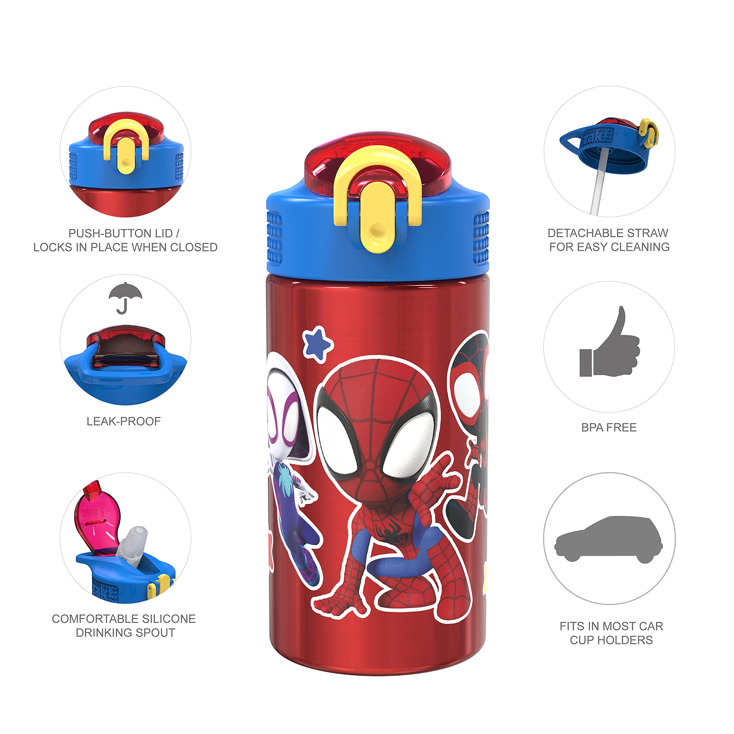 Zak Designs Marvel Spider-Man 18/8 Single Wall Stainless Steel Kids Water Bottle, Flip Straw Lockin