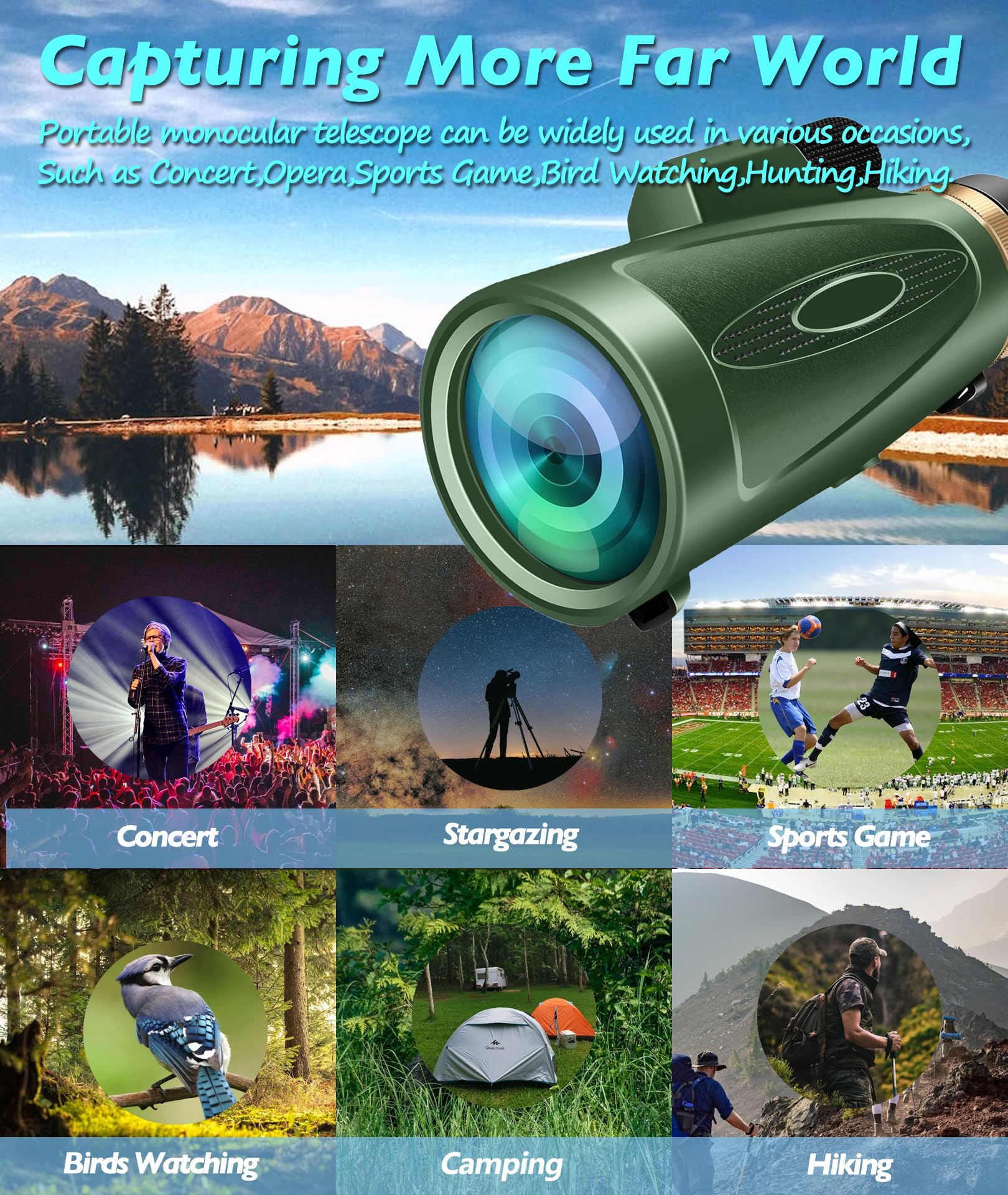 Md.Life 80X100 Hd Monocular Telescope, High Powered Bak-4 Prism Compact Monoculars For Adults, Larger Vision Monocular For Bird Watching Hunting Hiking Camping Travelling, Green