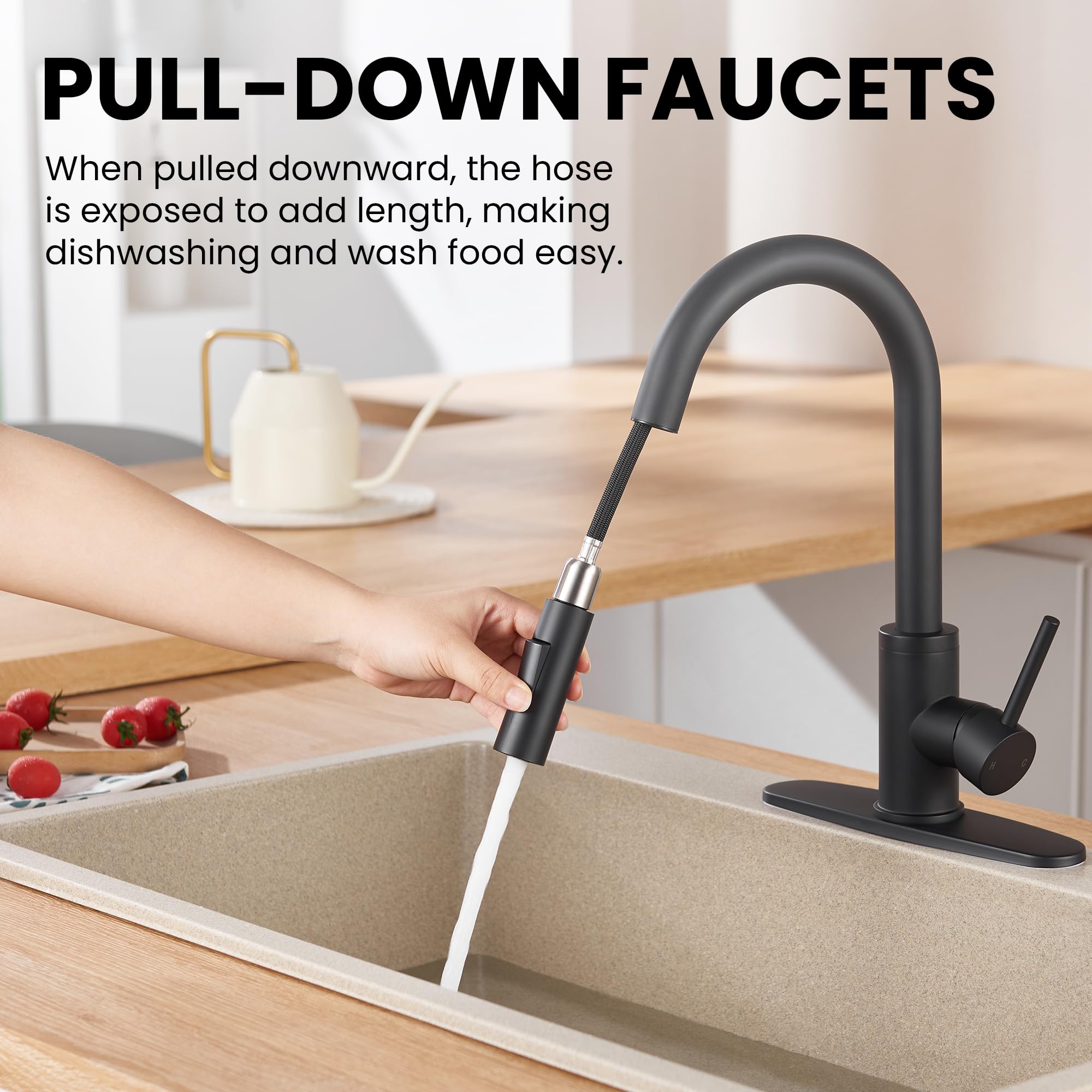 Kpw Kitchen Faucets, Matte Black Kitchen Faucet With Pull Down Sprayer, High Arc Single Handle Stainless Steel Sink Faucets 1 Or 3 Hole, Kitchen Sink Faucets For Farmhouse Campervan Laundry Rv