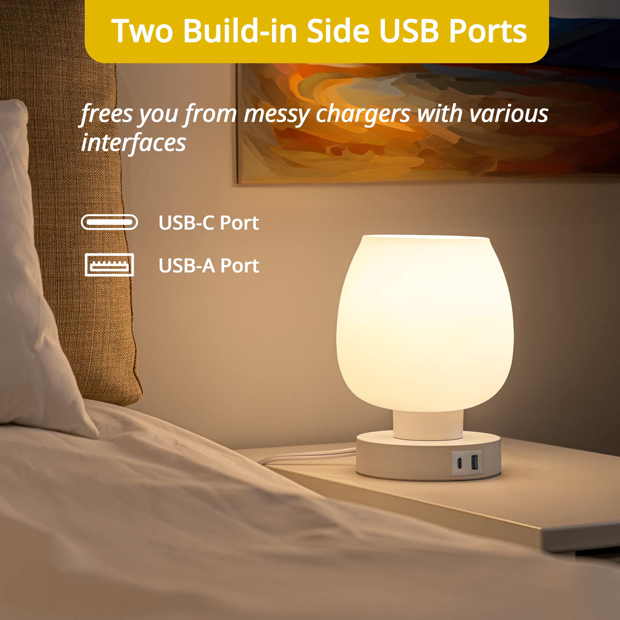 Ecoespti Touch Bedside Lamp, Mini Stepless Dimmable Table Lamps For Bedroom For Night Stands, Small Desk Lamp With Brightness Memory, Usb Charging Ports, Warm Led Bulb, White, Round Shape, 1 Set