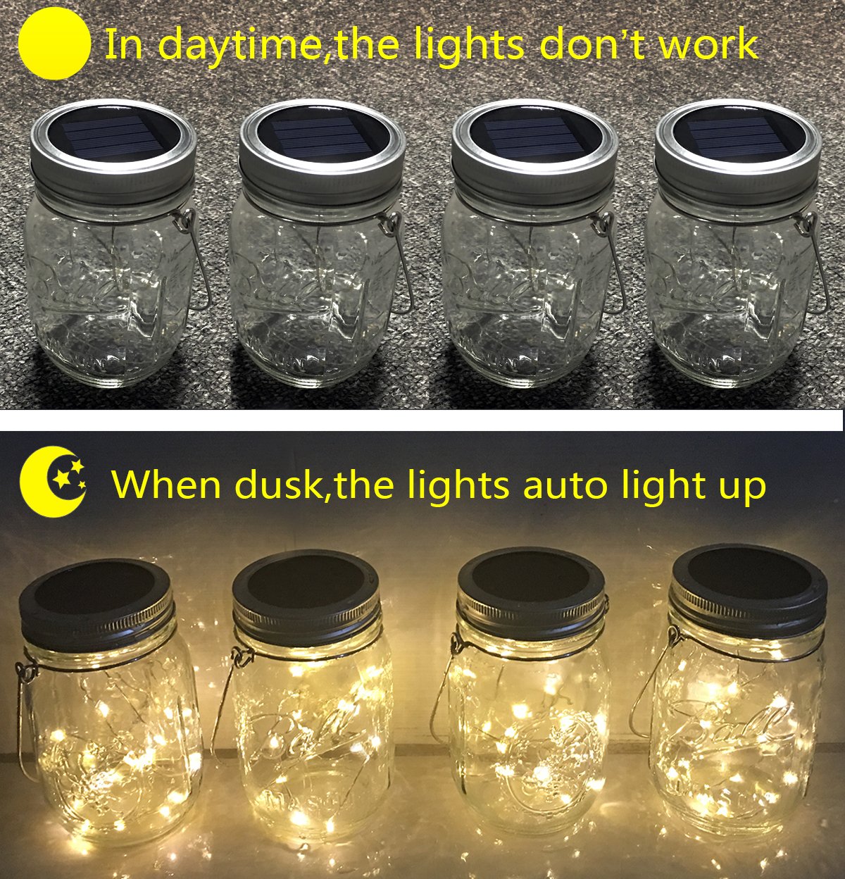 Aubasic Solar Mason Jar Lights, 4 Pack 30 Leds Waterproof Fairy Firefly String Lights Build-In Glass Mason Jar, Patio Garden Decor Solar Hanging Lanterns Outdoor Warm White (4 Pack-Mason Jars Included)