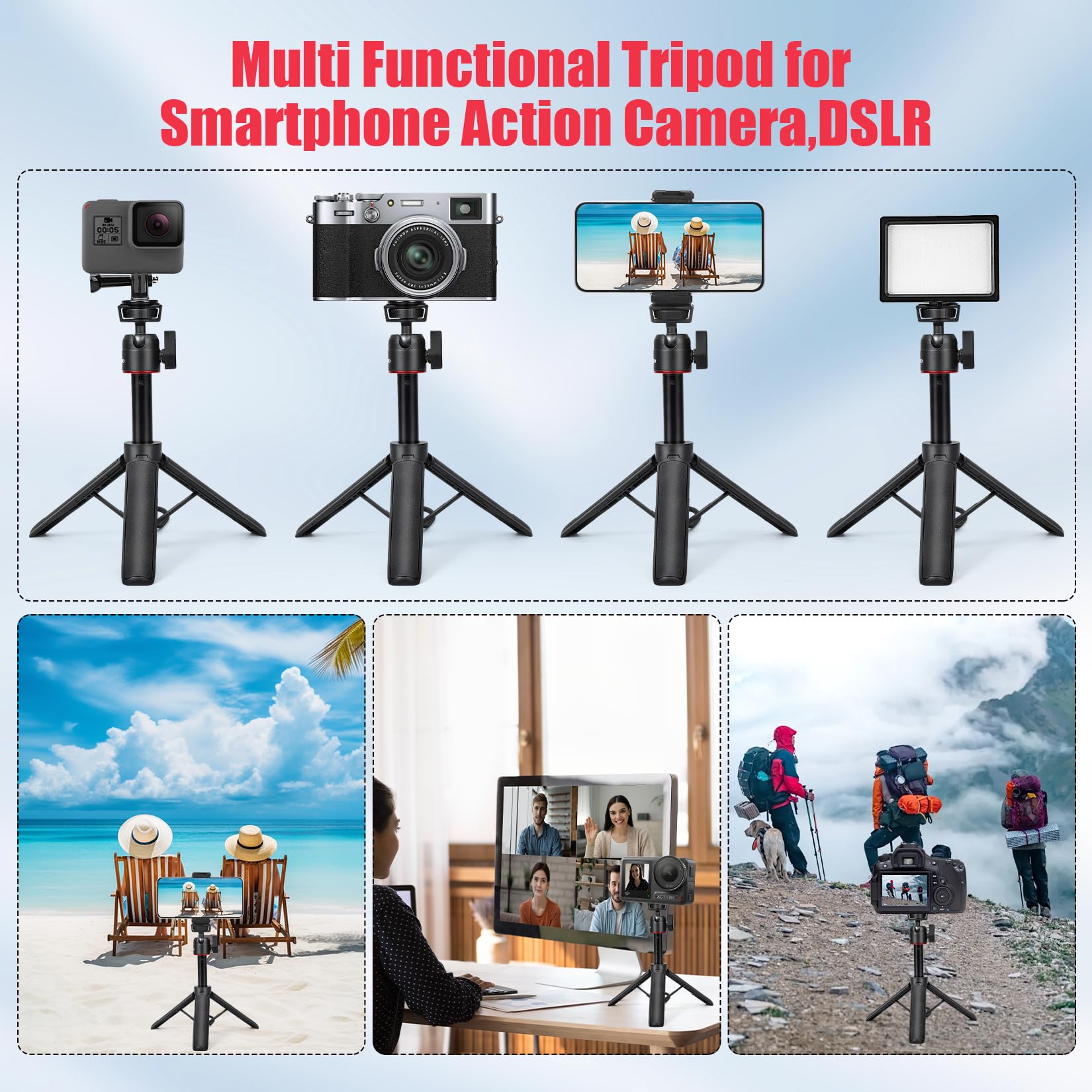 Yoputbo Extendable Mini Tripod,8-23.6Inch Height Adjustable 360 Rotation Ball Head Cold Shoe Handheld Vlog Small Camera Tripod For Webcam Iphone,Travel Selfie Stick For Dslr Action Camera
