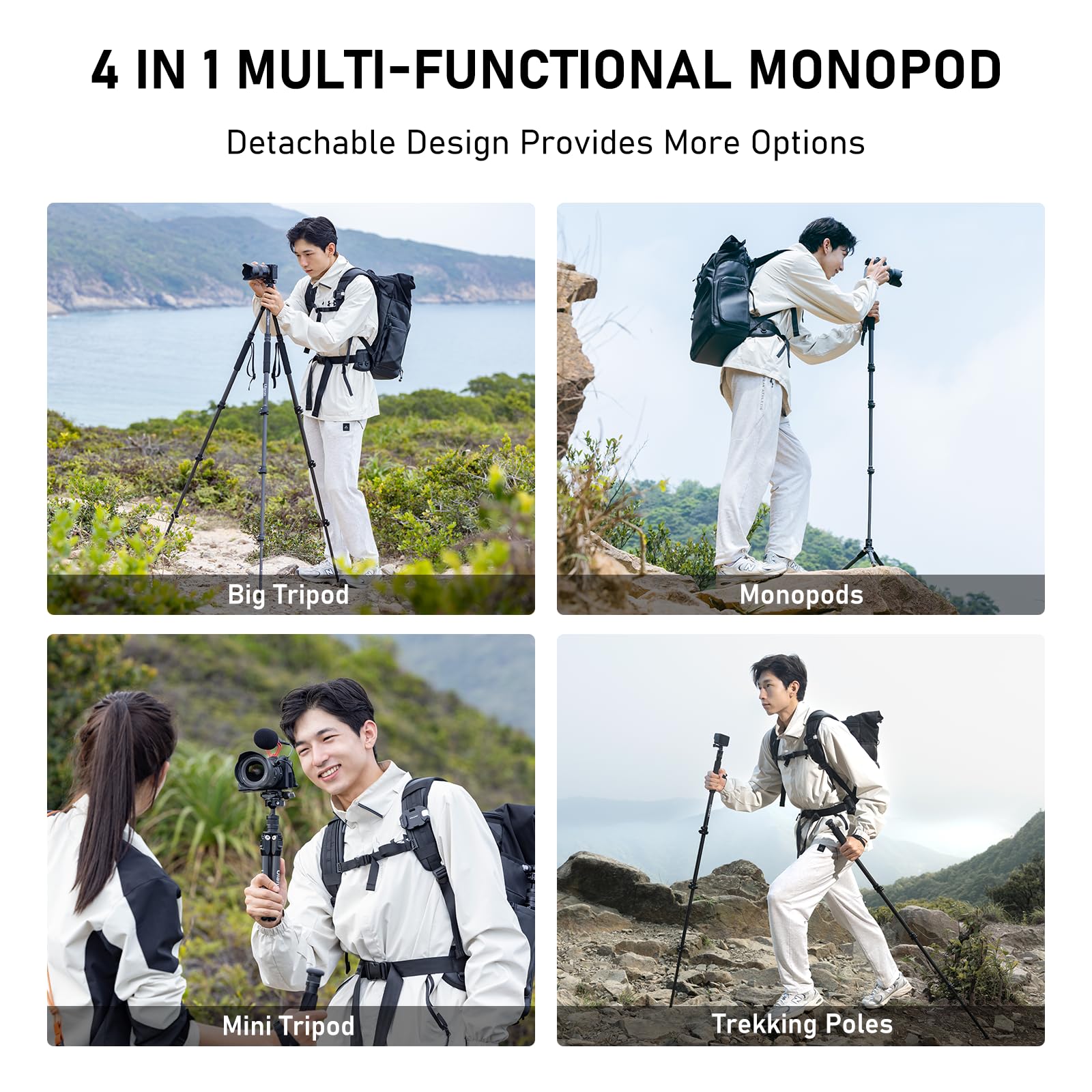 Ulanzi Tt35 Hiking Stick Tripod Kit, Travel Camera Monopod, 57.48" Detachable Carbon Fiber Stand Kit With 3 Hiking Pole & Mini Tripod & Removable Arca Qr For Dslr Camera Camcorder