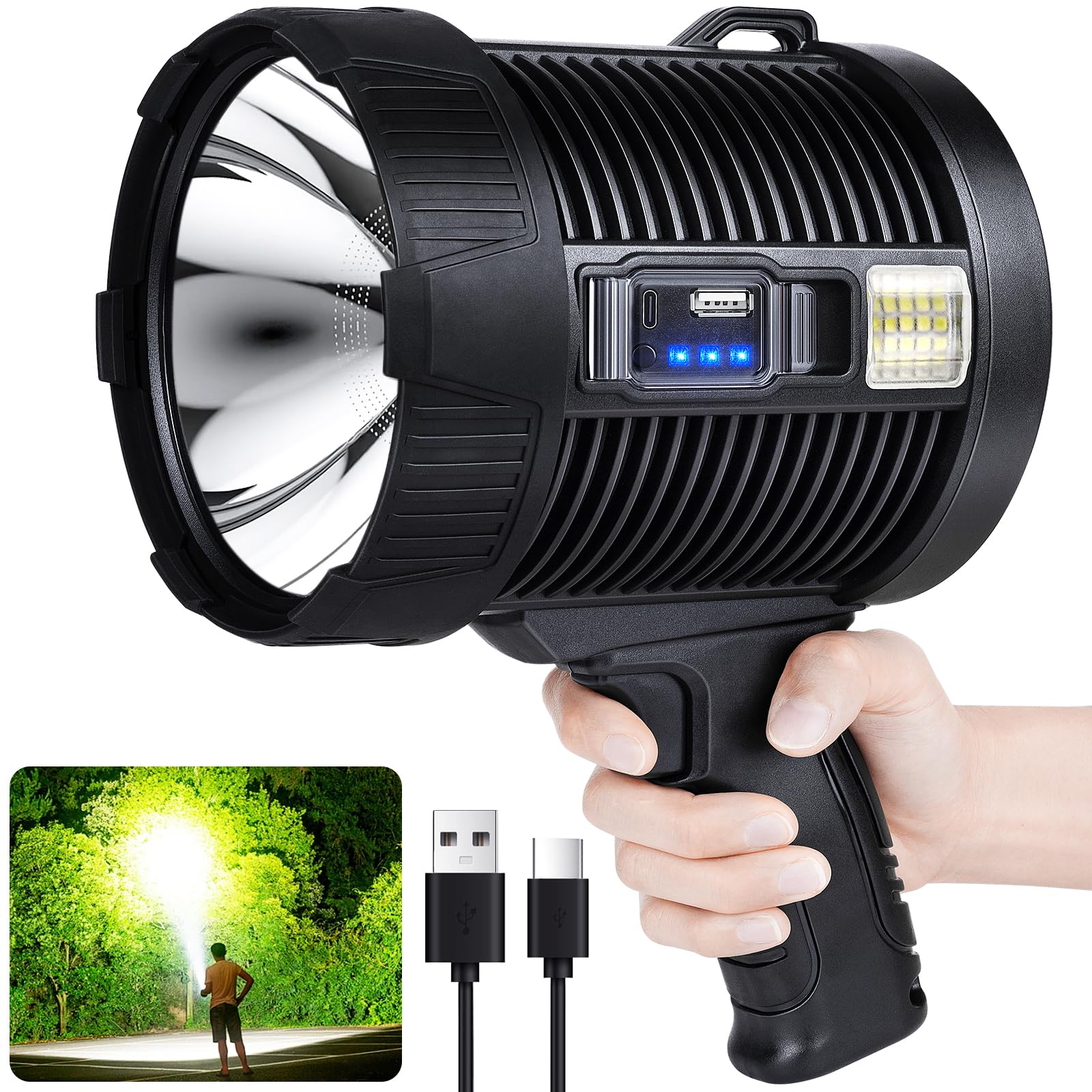 Crazybrace Spotlight Flashlight Outdoor, 990,000 Lumen Brightest Rechargeable Spotlight With Solar Panels & 6 Modes, Powerful Led Spotlights 30H Long Runtime, Large Handheld Spot Light For Boating Hunting