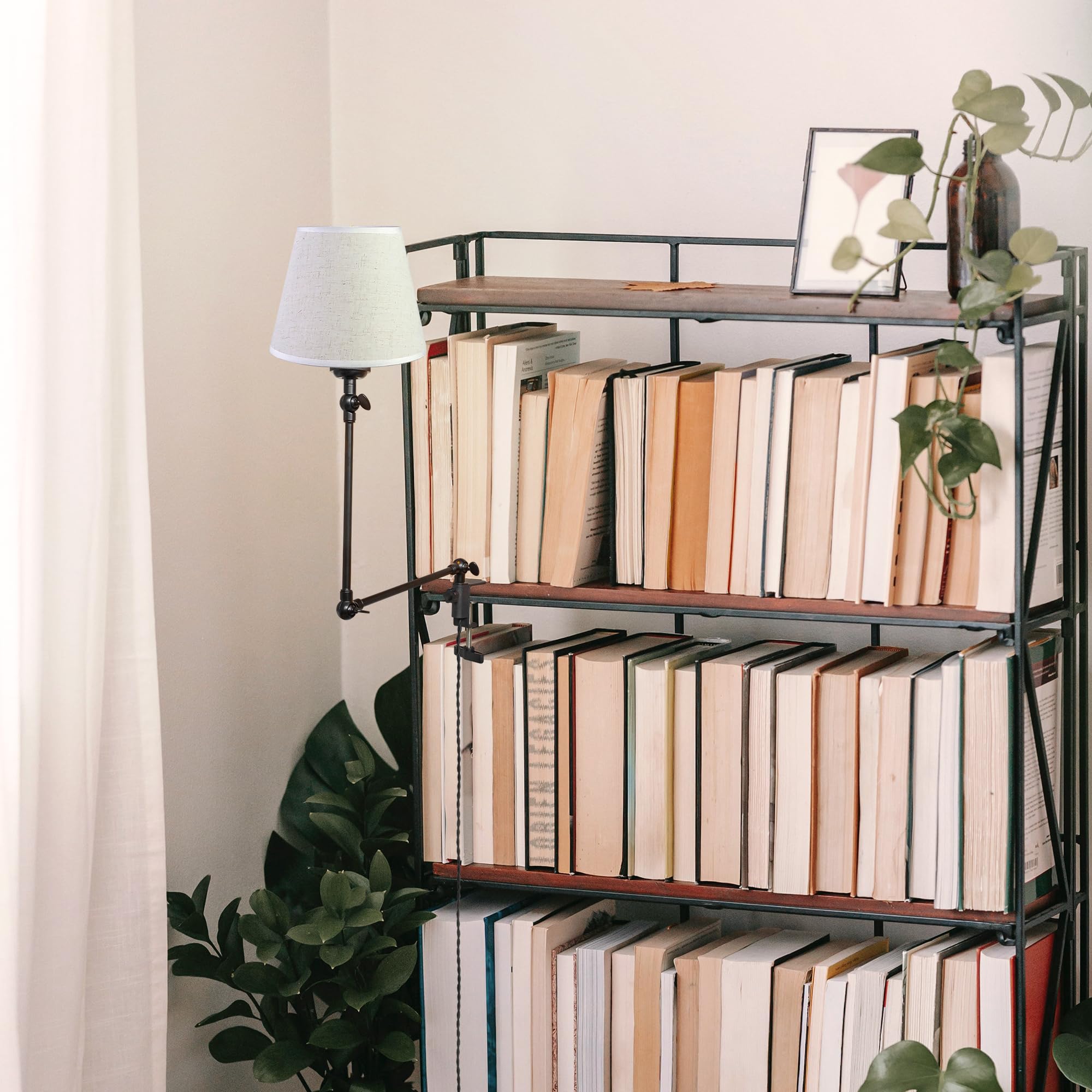 Kiven Plug-In Modern Clip-On Desk Lamp, 1-Light Modern Nightstand Lamp With Flexible Arm, White Drum Fabric Lampshade, 8.2Ft Plug In Cord, Decorative Clamp Lamp For Office Home Bookshelf Bedside