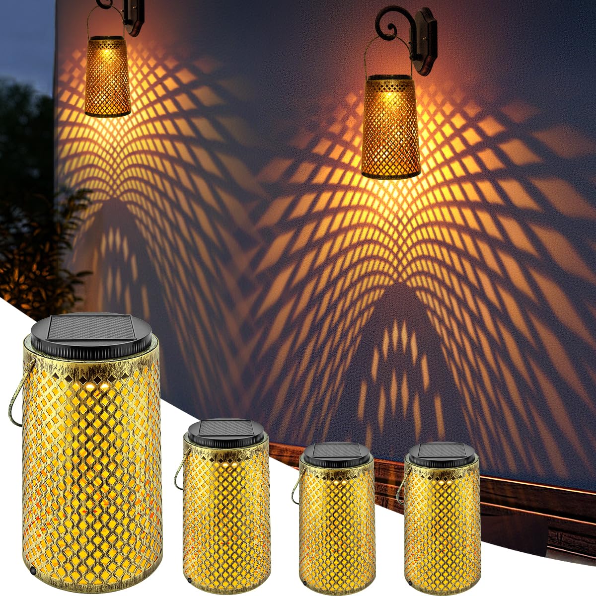 Centeluz Solar Hanging Lanterns Outdoor Lights 4 Pack, Metal Lantern Waterproof Decor For Garden, Outside, Backyard, Patio, Porch Tabletop, Pathway, Decorations