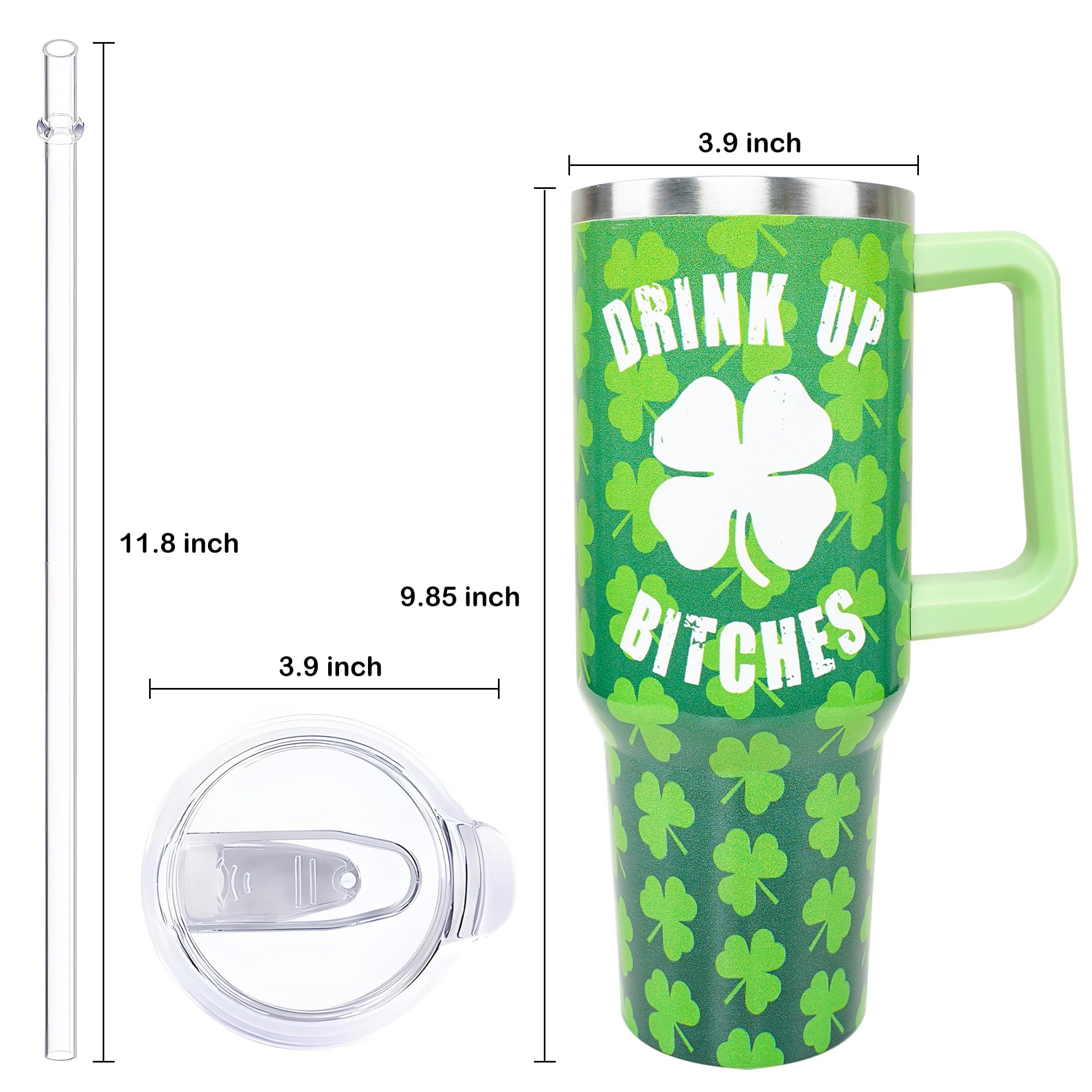40Oz St Patricks Day Tumbler With Handle And Straw, Green Irish Shamrocks Stainless Steel