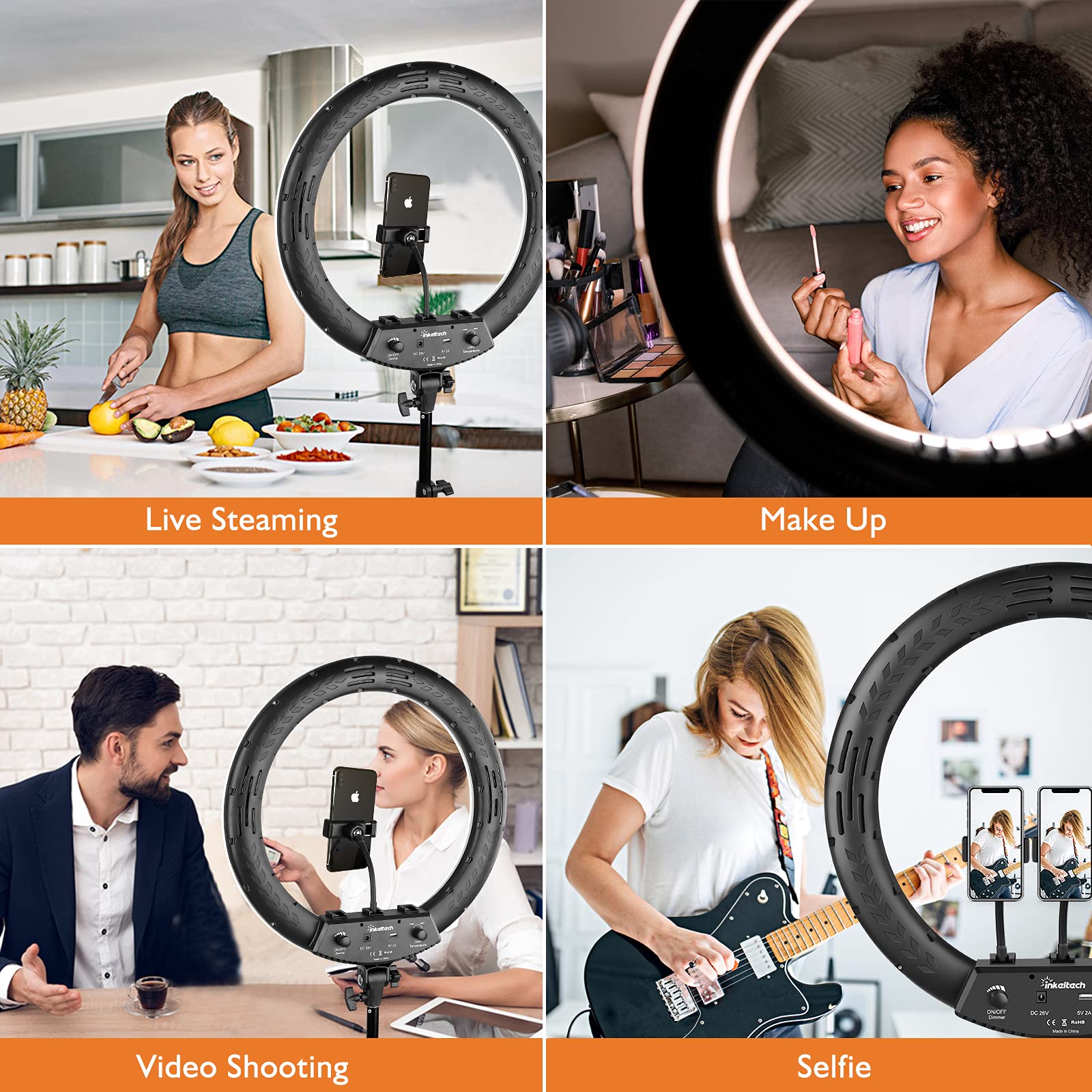 Inkeltech 18” Ring Light With Tripod Stand & 3 Phone Holders, Dimmable Led Ring Light Kit, Adjustable 2700K-6500K Color Temperature Light Ring For Live Stream, You Tube Video, Tiktok, Makeup Black