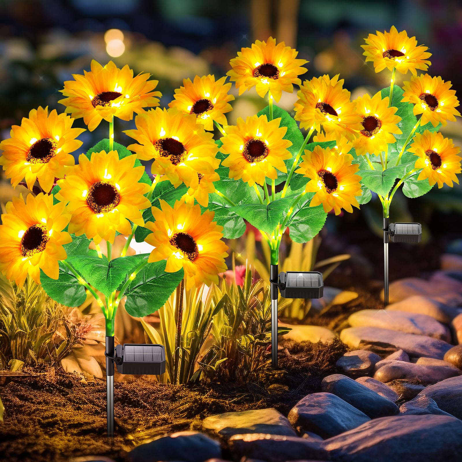 Garpar Sunflower Solar Lights Outdoor Garden Decor, 3 Pack With 18 Sunflower Lights, Solar Flowers Lights Outdoor Waterproof, Auto On/Off Solar Garden Lights For Yard Patio, Gift For Mother