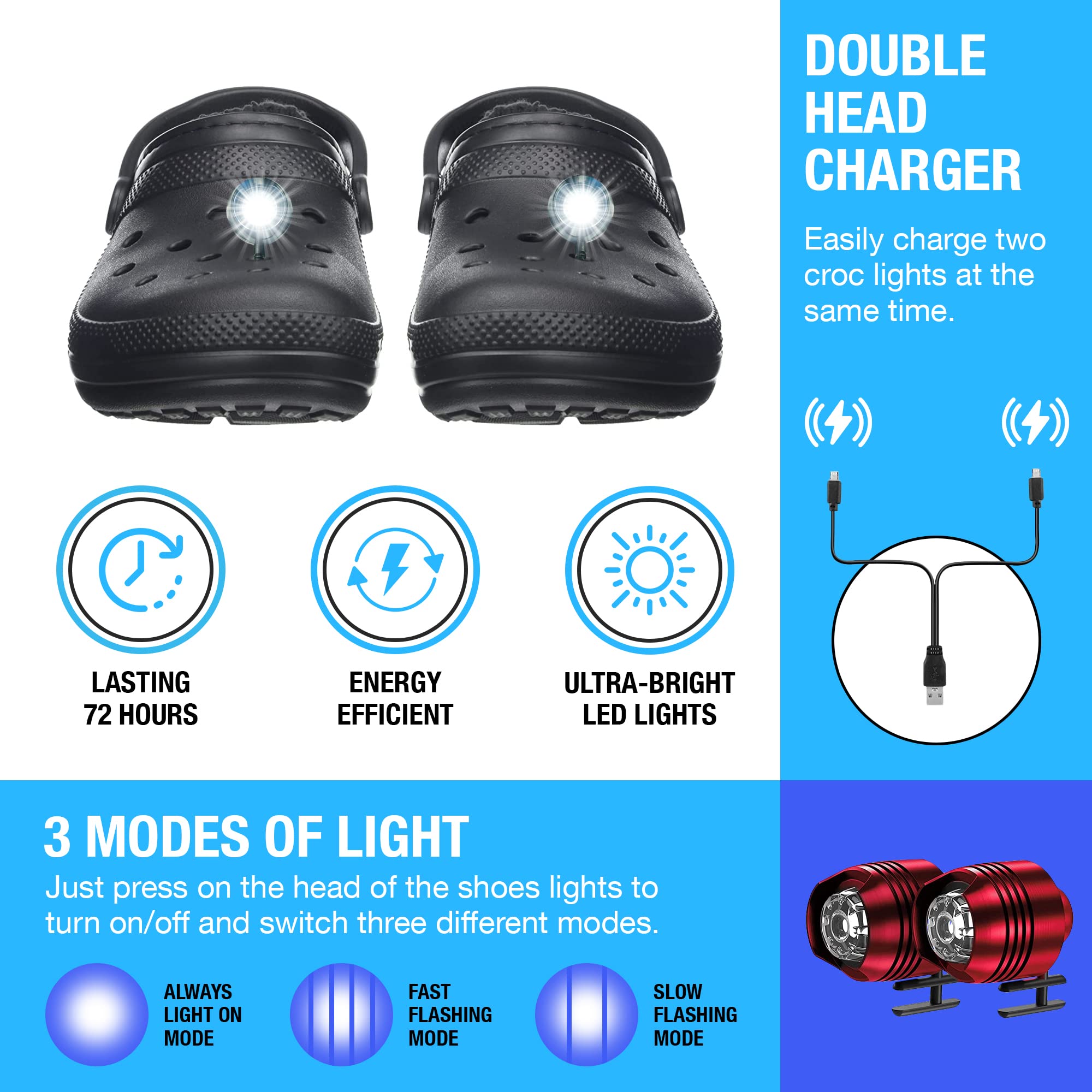A Akeme Rechargeable Lights For Crocs, 2 Pack Led Lights For Croc, Waterproof Aluminum Alloy Accessories For Crocs, Headlights For Crocs For Boys, Girls, Men, Women, Adults, Kids (Silver)