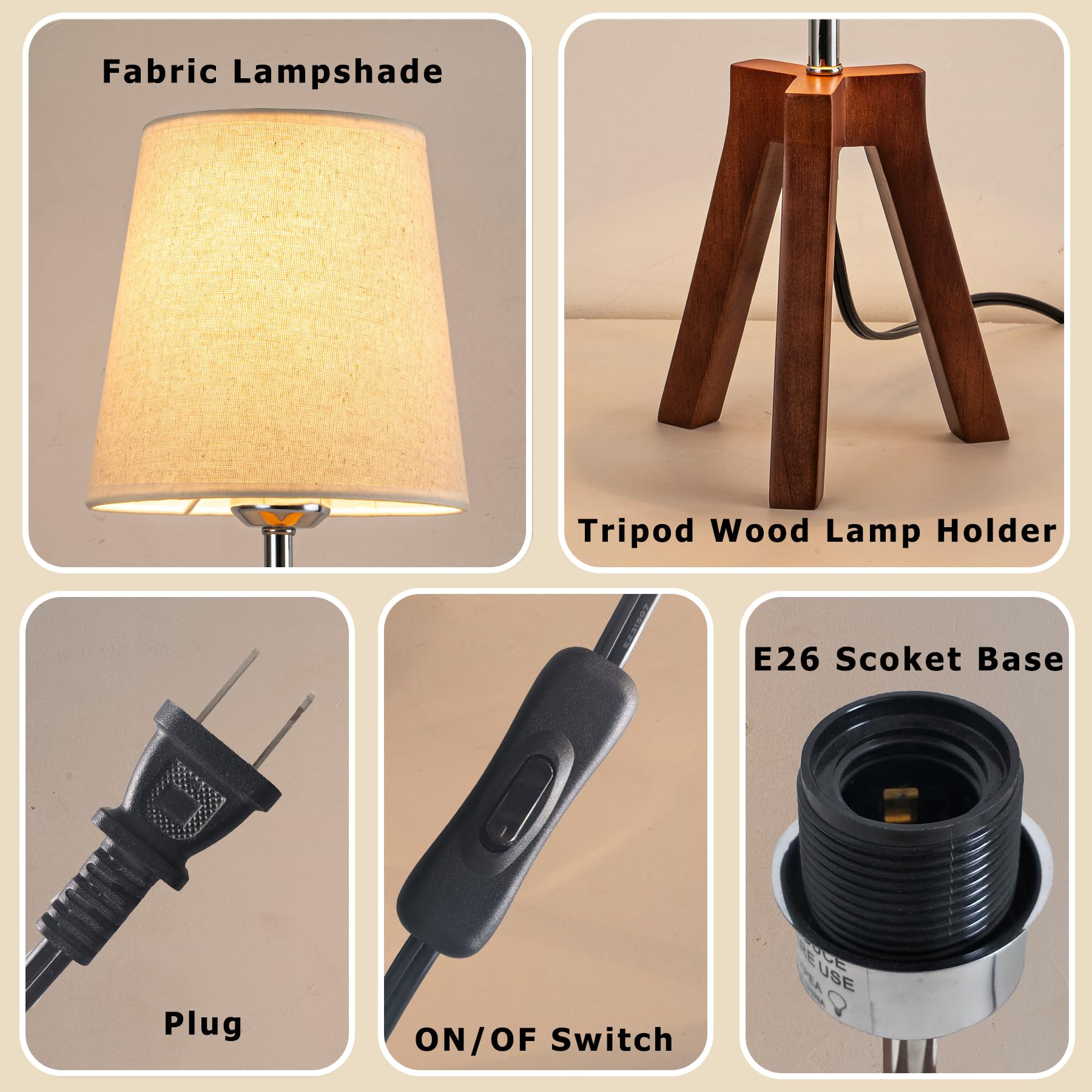 Dreamholder Wood Bedside Table Lamp, Tripod Desk Lamp With On-Off Switch, Nightstand Lamp With Fabric Shade For Reading, Bedroom, Living Room, Office, Walnut Base With Linen Shade(Without Bulb)