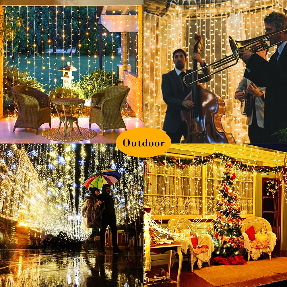 Whywhife Solar Curtain Lights Outdoor Garden Fairy String Lights 300 Led 8 Modes Remote Control Waterproof Waterfall Lights For Gazebo Patio Party Festival Wedding Christmas Decorations(Warm)