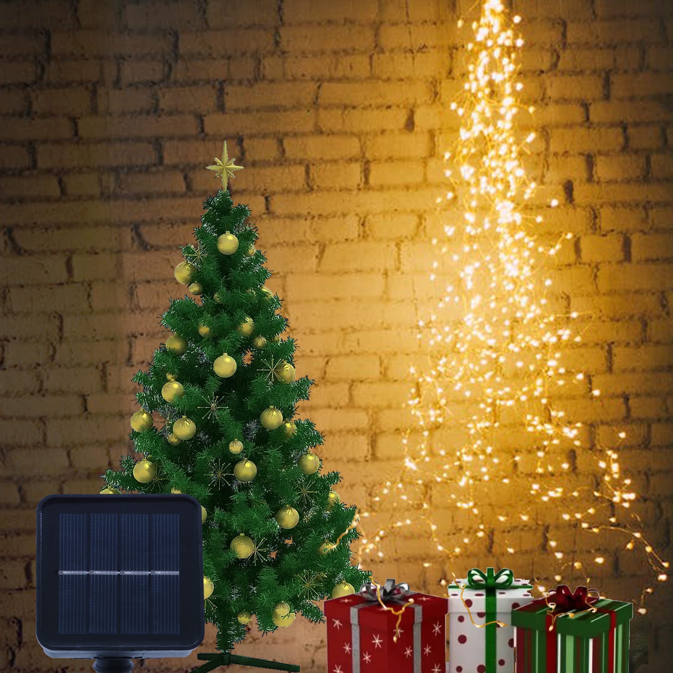 Angmln Solar Waterfall Fairy Bunch Lights Outdoor Waterproof 200Leds 8 Modes Watering Can Light (No Can), Solar Powered String Lights Firefly Vine Christmas Tree Garden Decorations Gardening  For Mom