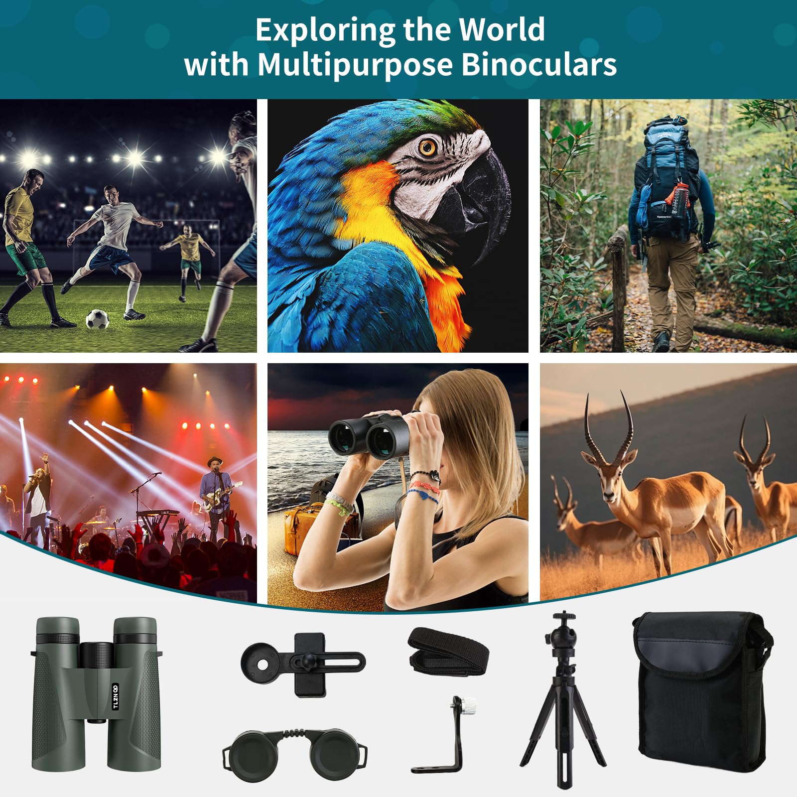 Tlzn Po   Tlzn Op Adjustable 18×50 Hd High-Powered Adult Binoculars With  Phone Adapter And Tripod - Durable, Waterproof - Ideal For Stargazing, Bird Watching, Travel, Hunting