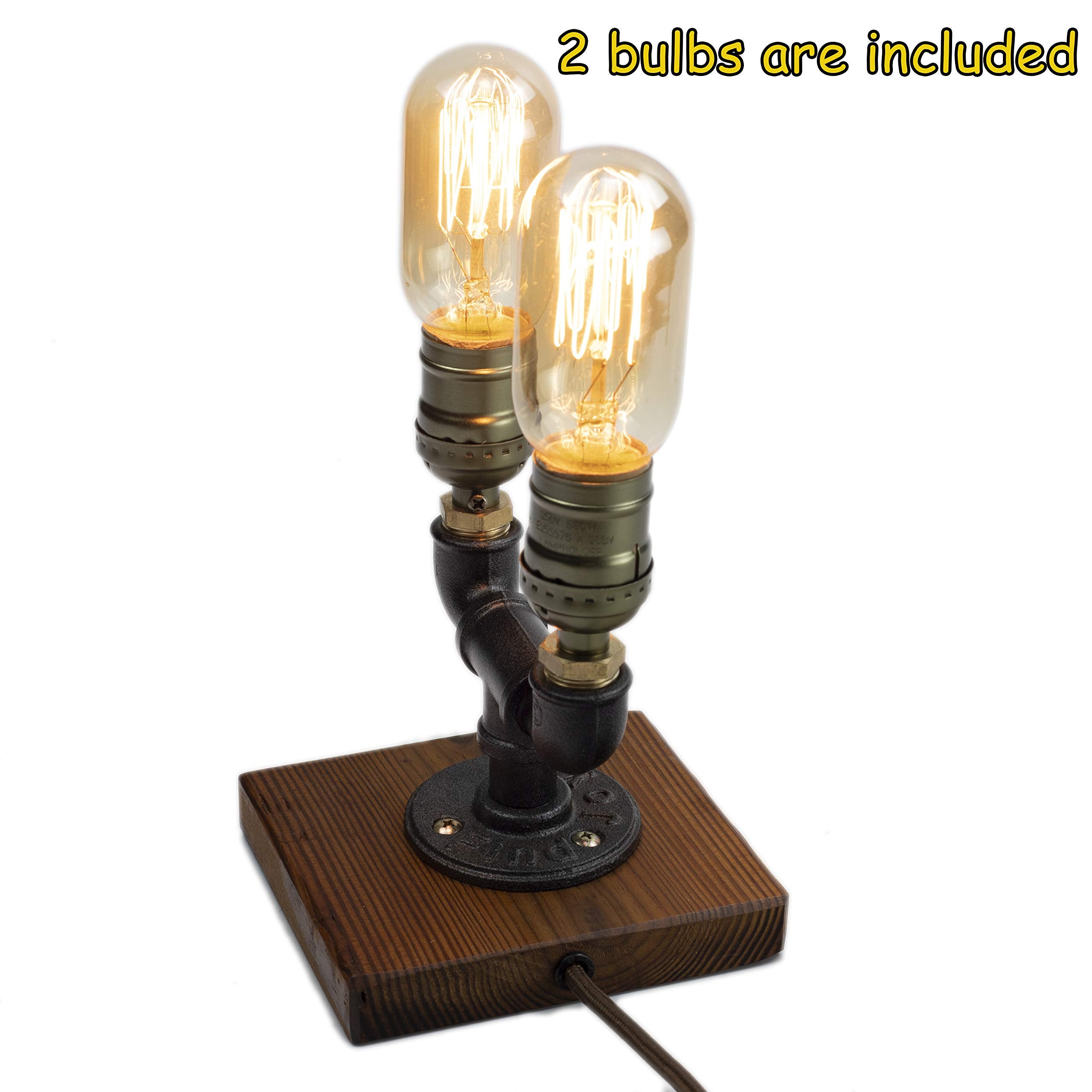 Y-Nut Steampunk Lamp With Dimmer, Dimmable Loft Style Industrial Vintage Antique Style Light With 2 Bulbs, Wood Base With Iron Piping Desk Lamp, Retro Desk Lamp Ll-027