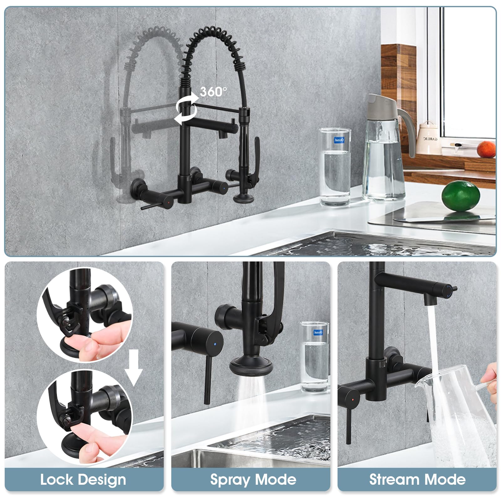 Demiinus Wall Mount Kitchen Faucet With Pull Down Sprayer, 8 Inch Center Kitchen Sink Faucet, Heavy-Duty Commercial Wall Mount Faucets, 2 Handle Faucet For Kitchen Sink, Matte Black