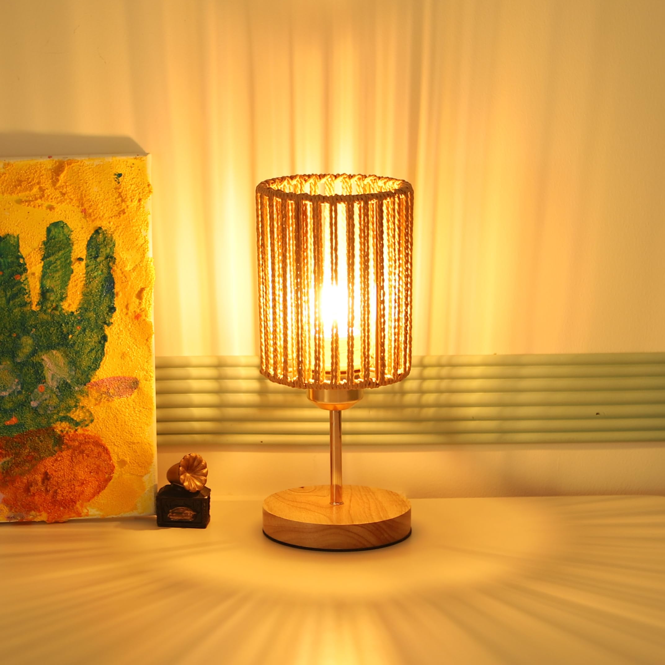 Rarlonly Boho Small Table Lamp With Bulb,Rustic Rattan Lamp For Bedroom,Nightstand Lamp,Table Lamp For Living Room,Wooden Base Bedside Lamp,Desk Lamp For Small Spaces (Brown-B)