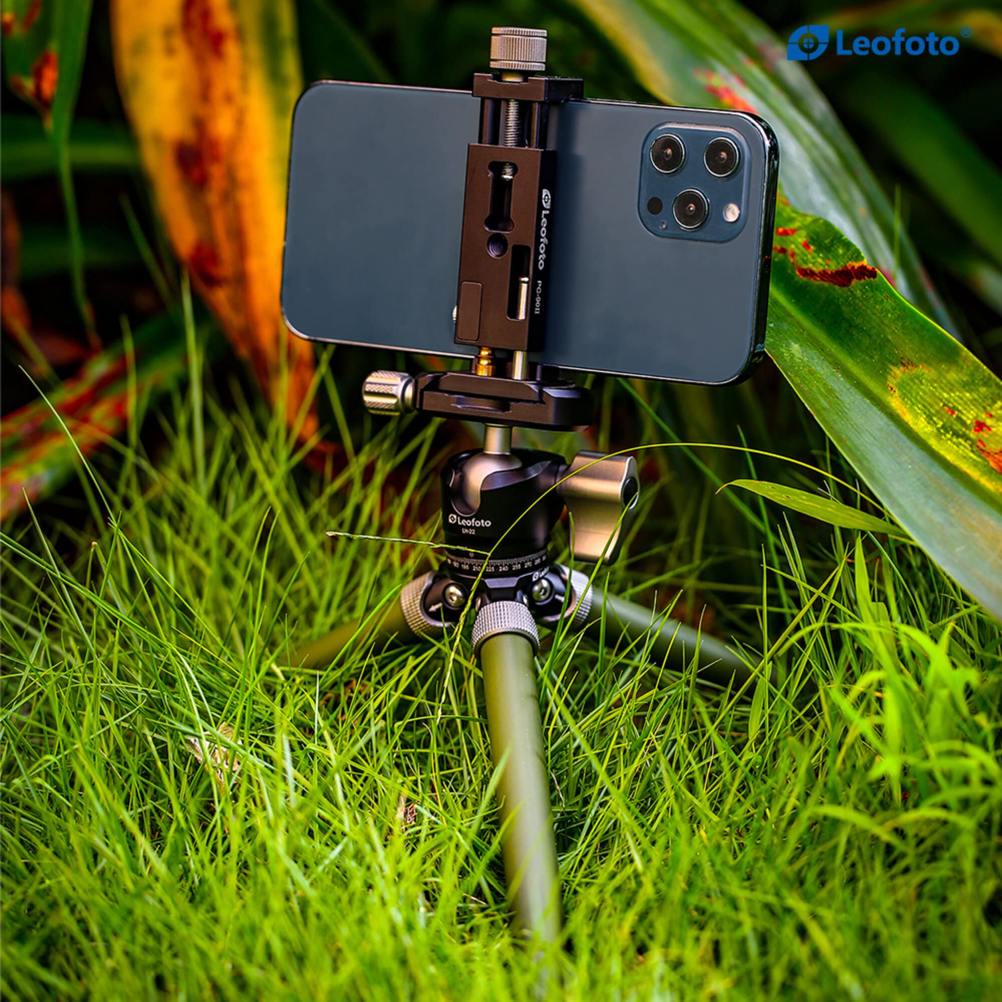 Leofoto Mt-02C+Lh-22 Carbon Fiber Mini Travel Tabletop Tripod, 2 Leg Section, 1/4" Tripod Mounting Stud Ball Head Kit (Olive)