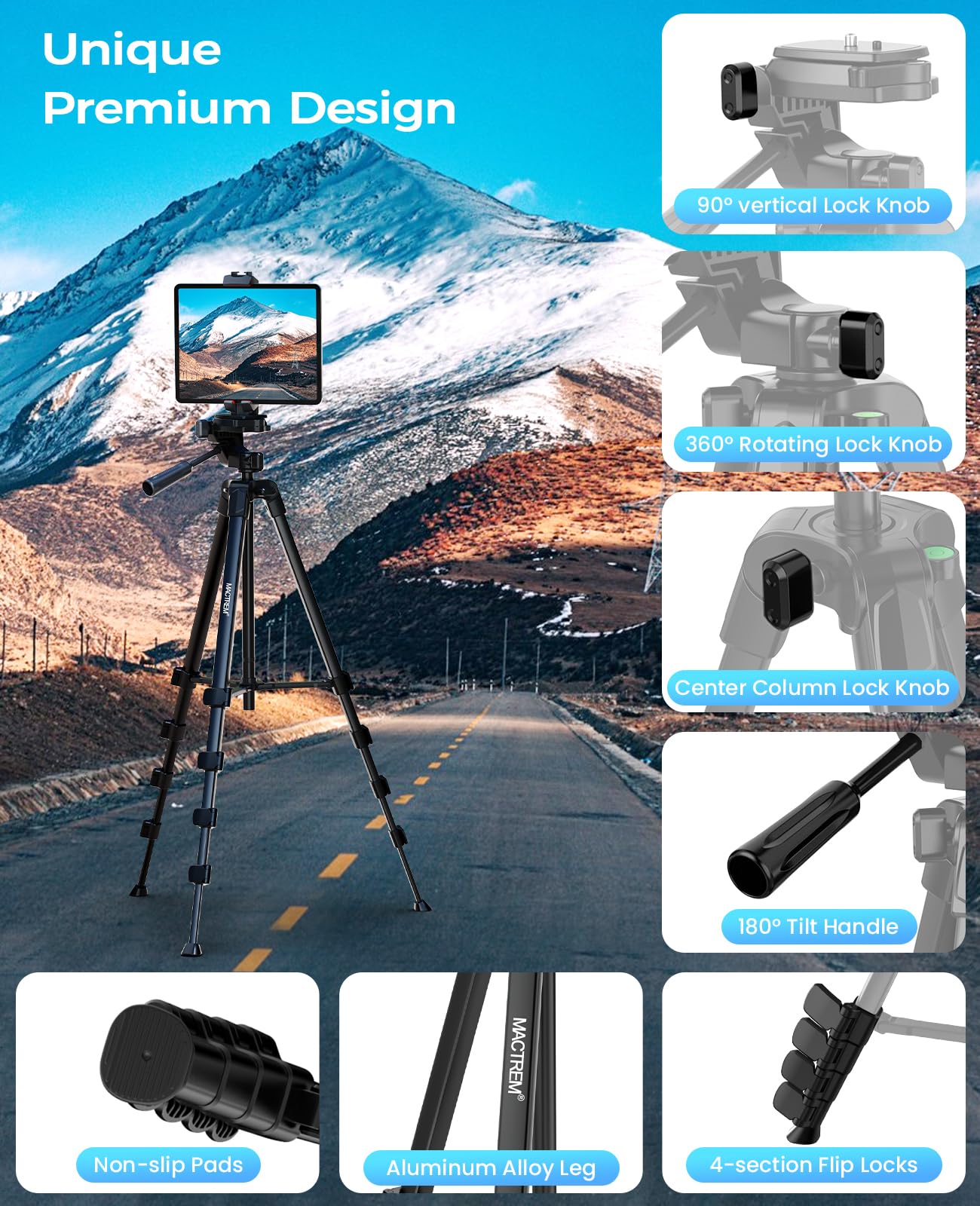 Mactrem 67Inch Tripod Stand For Ipad&Iphone-Adjustable Portable Phone Tablet Tripod Holder With Remote,Heavy Duty Lightweight Travel Tripod For Selfies,Video Recording,Vlogging,Photo,Ipad Stand Tripod