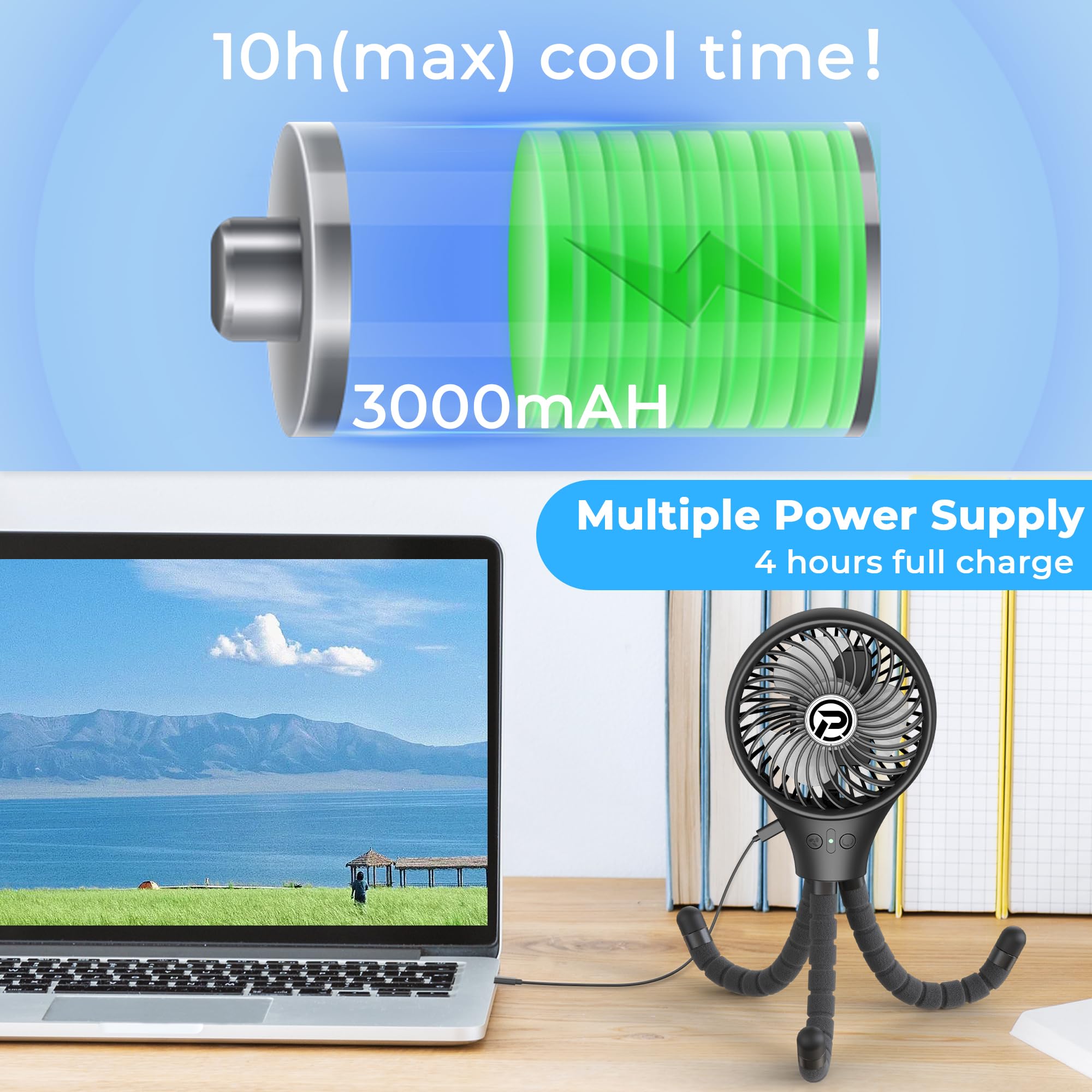 Panergy Baby Stroller Fan, Oscillating Mini Portable Fan, 3 Speeds Battery Operated Flexible Tripod