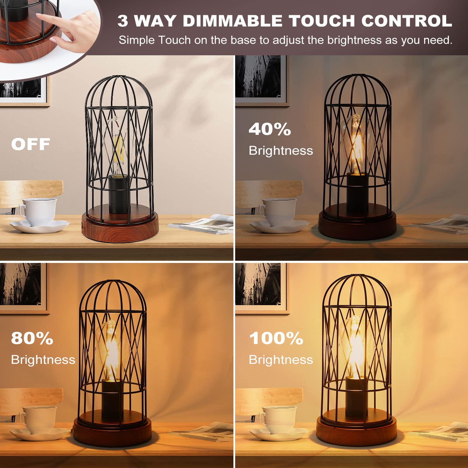 Gyrovu Industrial Table Lamp, Small Touch Control Edison Desk Lamp 3 Way Dimmable Vintage Bedside Lamp With Ac Outlet Metal Cage Steampunk Nightstand Lamp For Living Room, Bedroom Or Den