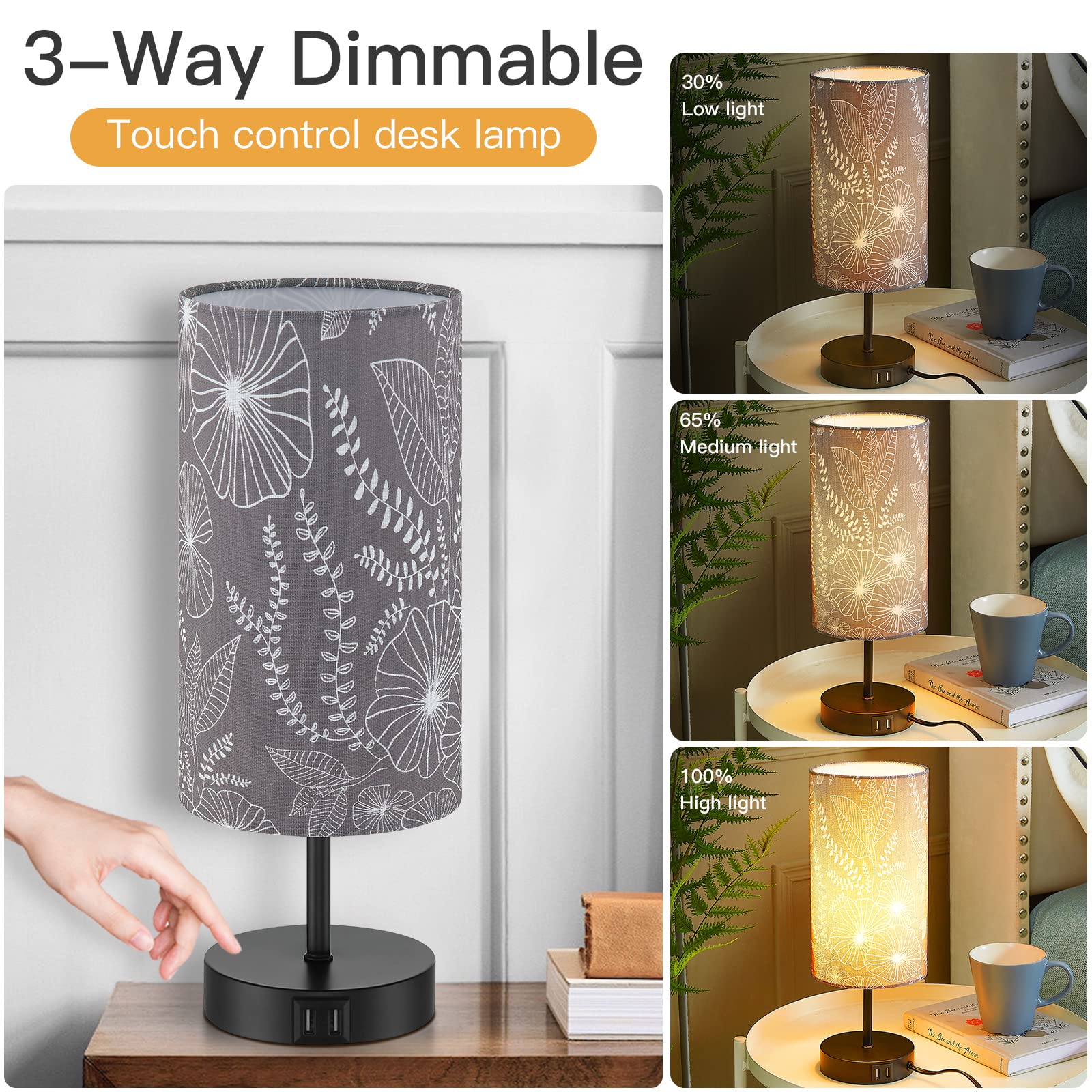 Lolikit Bedside Table Lamp With 2 Usb Ports, Modern Touch Control Desk Lamp With Round Flower Flaxen Fabric Shade, 3 Way Dimmable Small Nightstand Lamp For Bedrooms Living Room Dorm Gray Decor(Bulb Included)