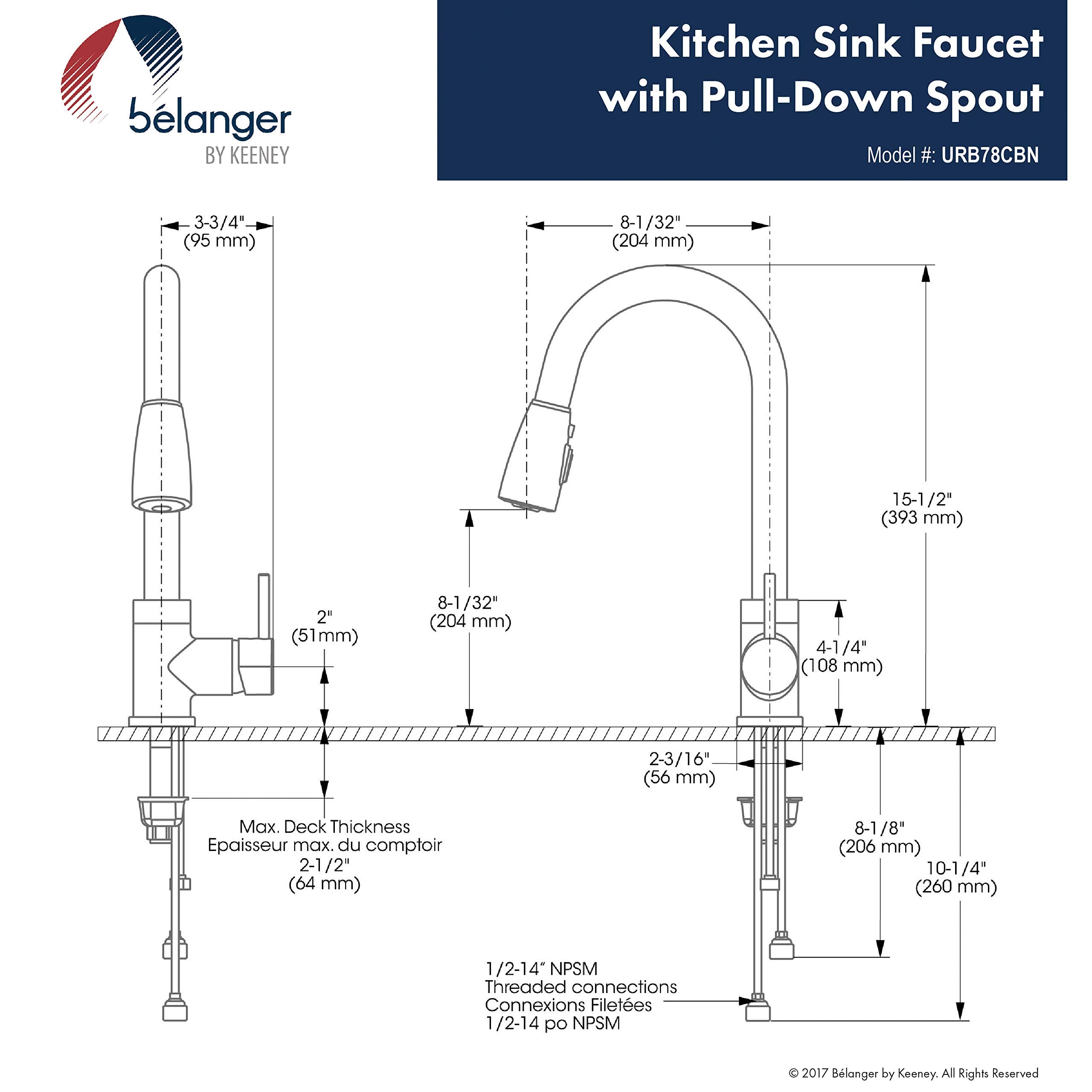 Keeney Urb78Cbn Single Handle Pull Down Kitchen Faucet With Dual Spray Pattern And Pause Button, Brushed Nickel