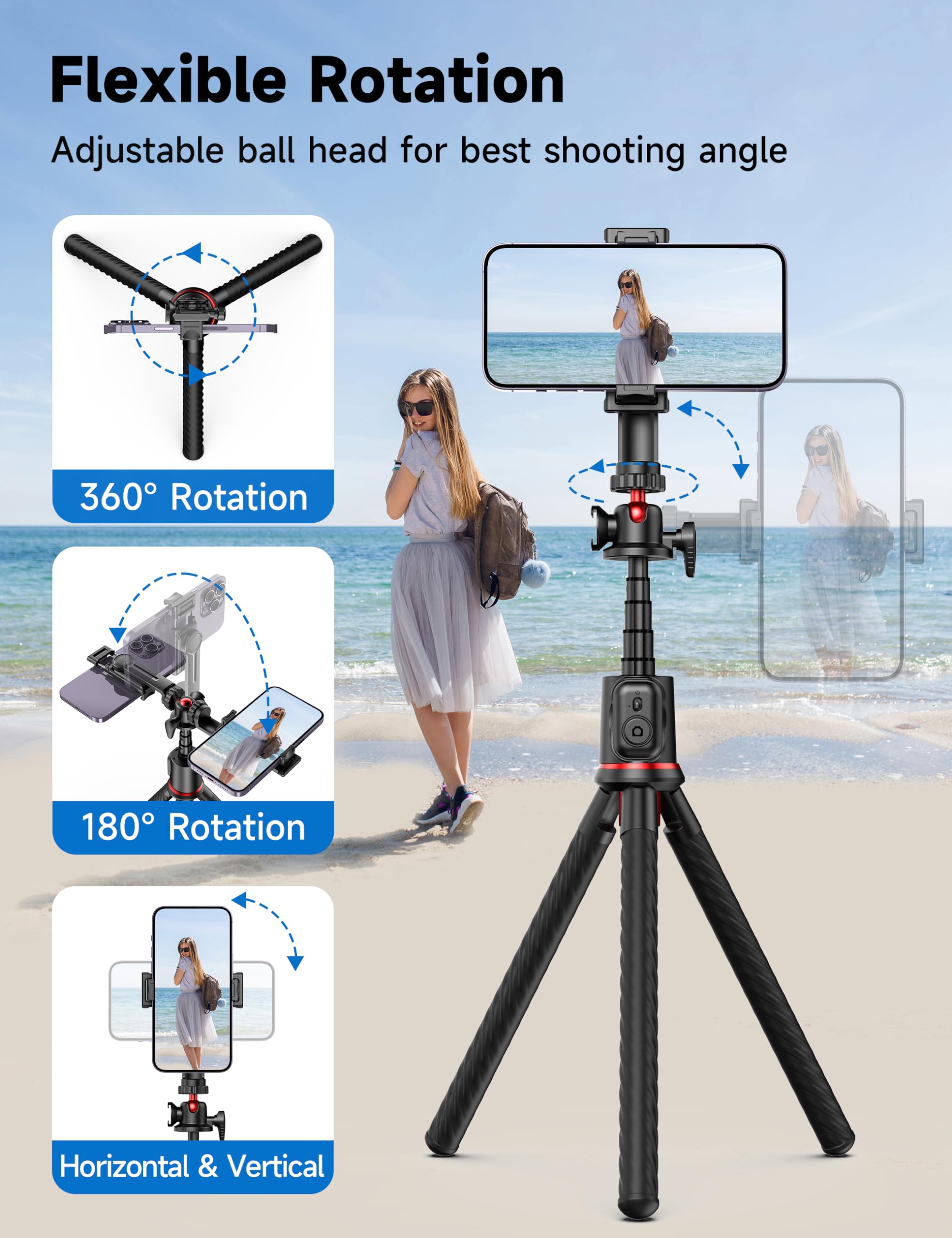 Selfieshow Tripod For Iphone, Extendable Flexible Camera Tripod With Wireless Remote, 360 Ball Head Portable Travel Selfie Stick Cell Phone Stand For Live Streaming Vlogging, Compatible With Cellphone, Camera