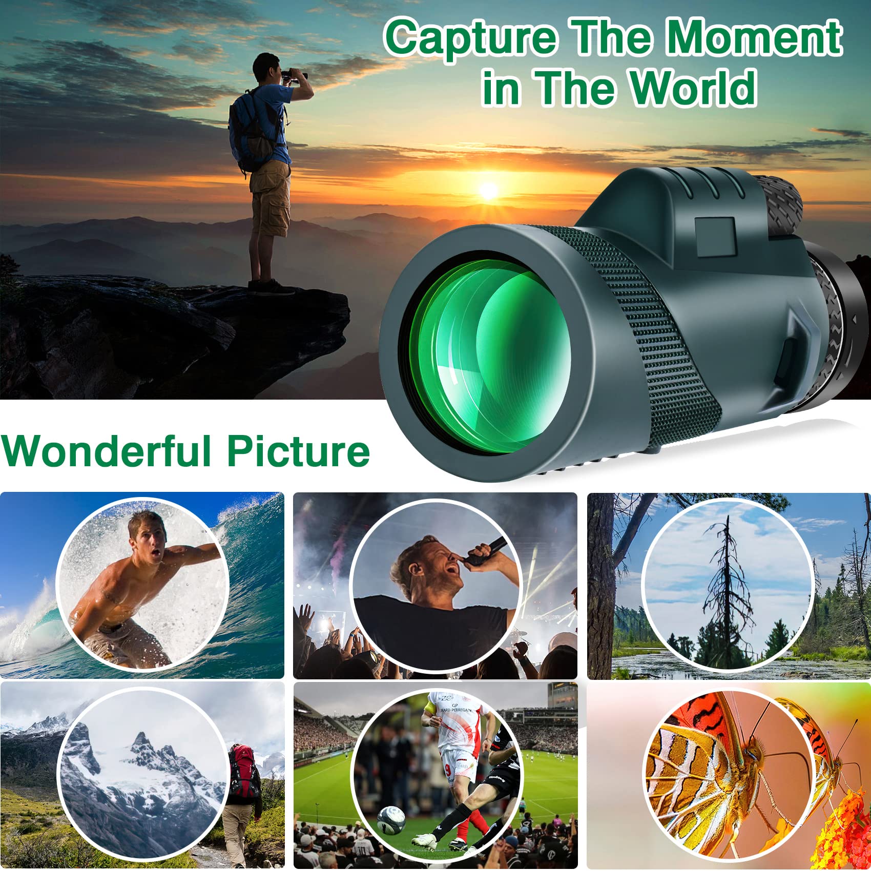 Foleto 50X60 Monocular Telescope, Monoculars For Adults High Powered, High Power Hd Compact Monocular Bak-4 Prism And Fmc Lens, Stargazing Hunting, Wildlife Bird Watching, Travel Camping, Hiking (Green)