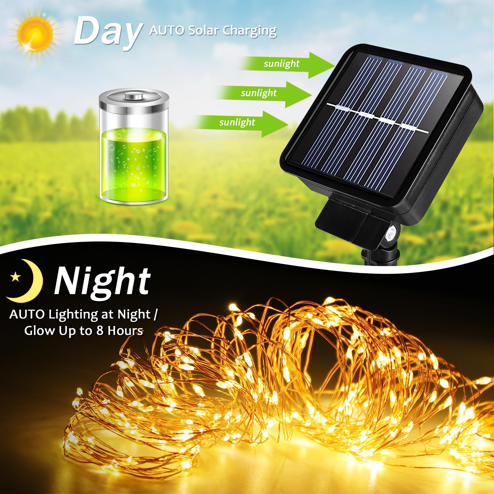 Aleney 2 Pack Solar Fairy Lights Outdoor , 99 Feet 300 Leds 8 Modes String Lights For Outside, Waterproof Solar Outdoor Light For Patio Yard Christmas Tree Halloween Wedding Party Decorations, Warm White