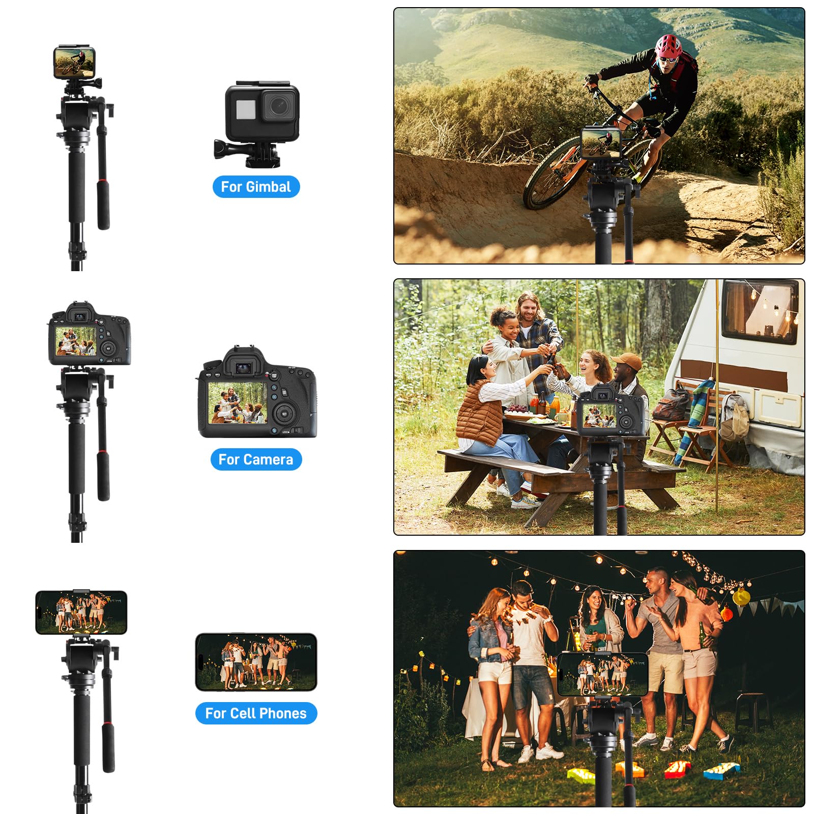 Gvm Great Video Maker Gvm Tripod For Camera 74.8" Tall Camera Tripod Monopod, Professional Heavy Duty Compact Camera Stand For Phone Adjustable Multi-Angle Shot For Video Recording Dslr, Spotting Scope Telescope Binocular
