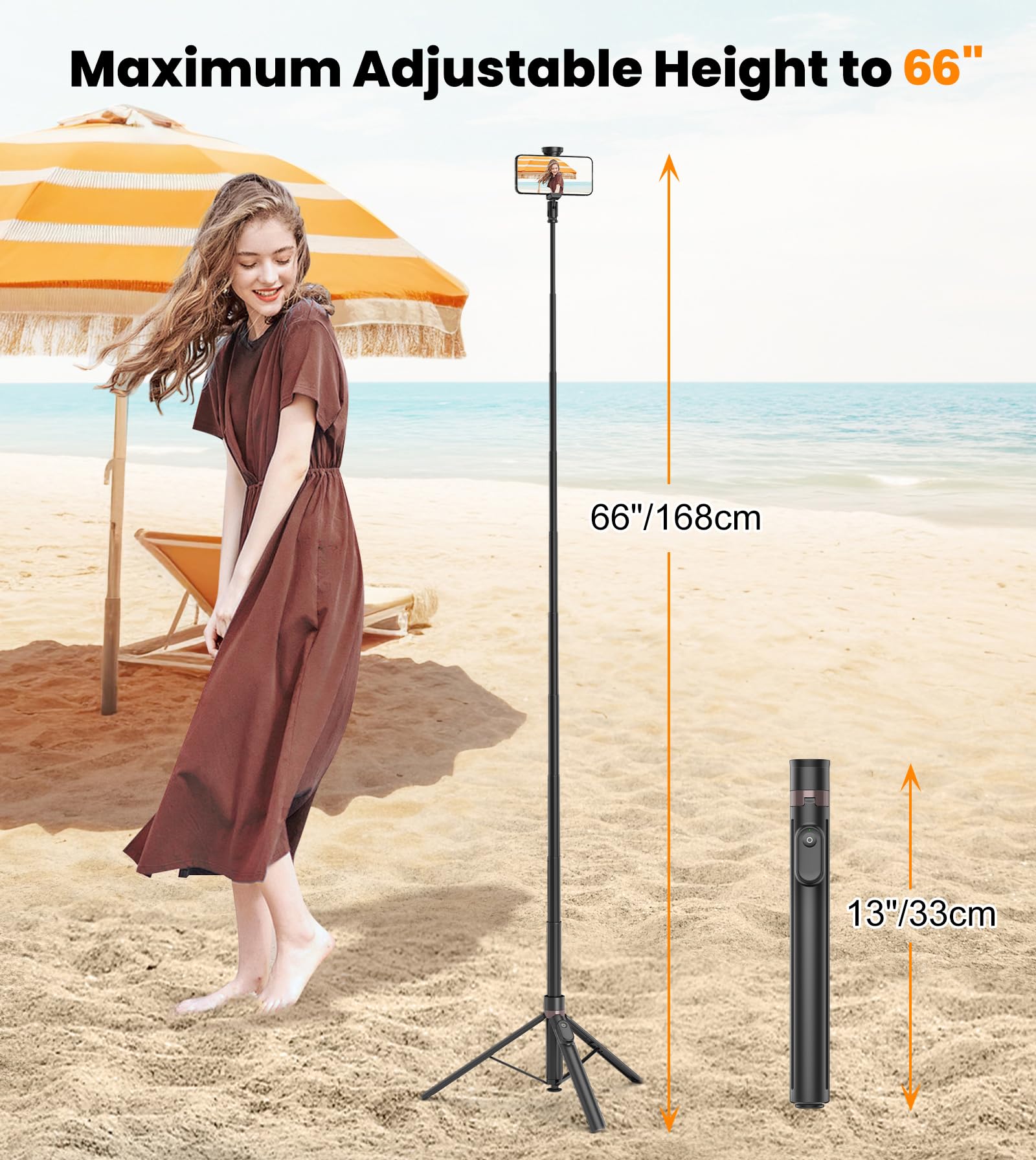 Toneof 66" Automatic Tripod,Auto-Open Phone Tripod Stand With Magnetic Rechargable Remote,Selfie Stick Tripod 360° Vertical & Horizontal Rotatable,Stable Travel Tripod For Iphone/Android(Black)