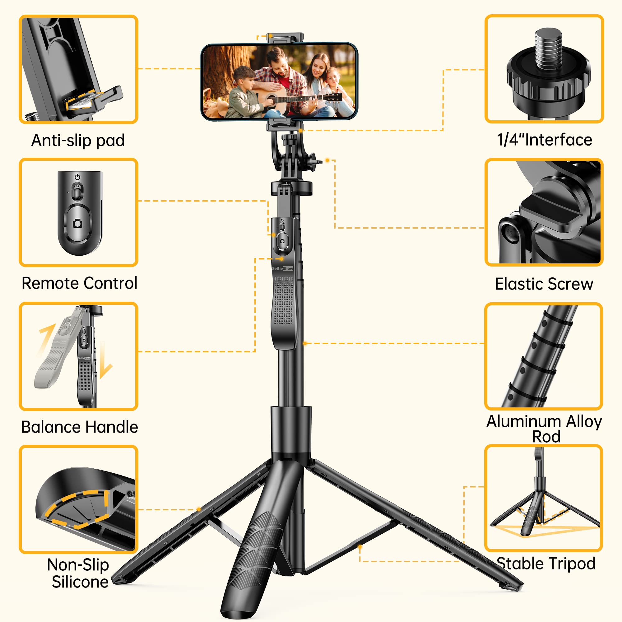 Selfieshow 61" Selfie Stick Tripod, All In One Extendable Phone Tripod Stand With Wireless Remote 360° Rotation For Iphone And Android Phone Selfies, Video Recording, Vlogging, Live Streaming, Aluminum