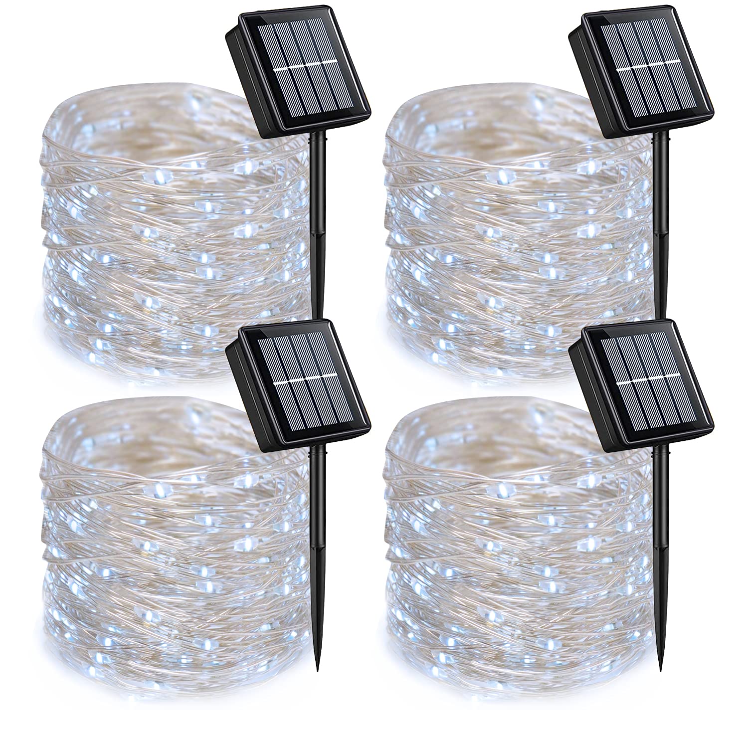 Qitong 4 Pack White Solar Fairy Lights, Each 33Ft 100 Led String Light Outdoor Waterproof, 8 Modes Silver Wire Solar Twinkle Lights