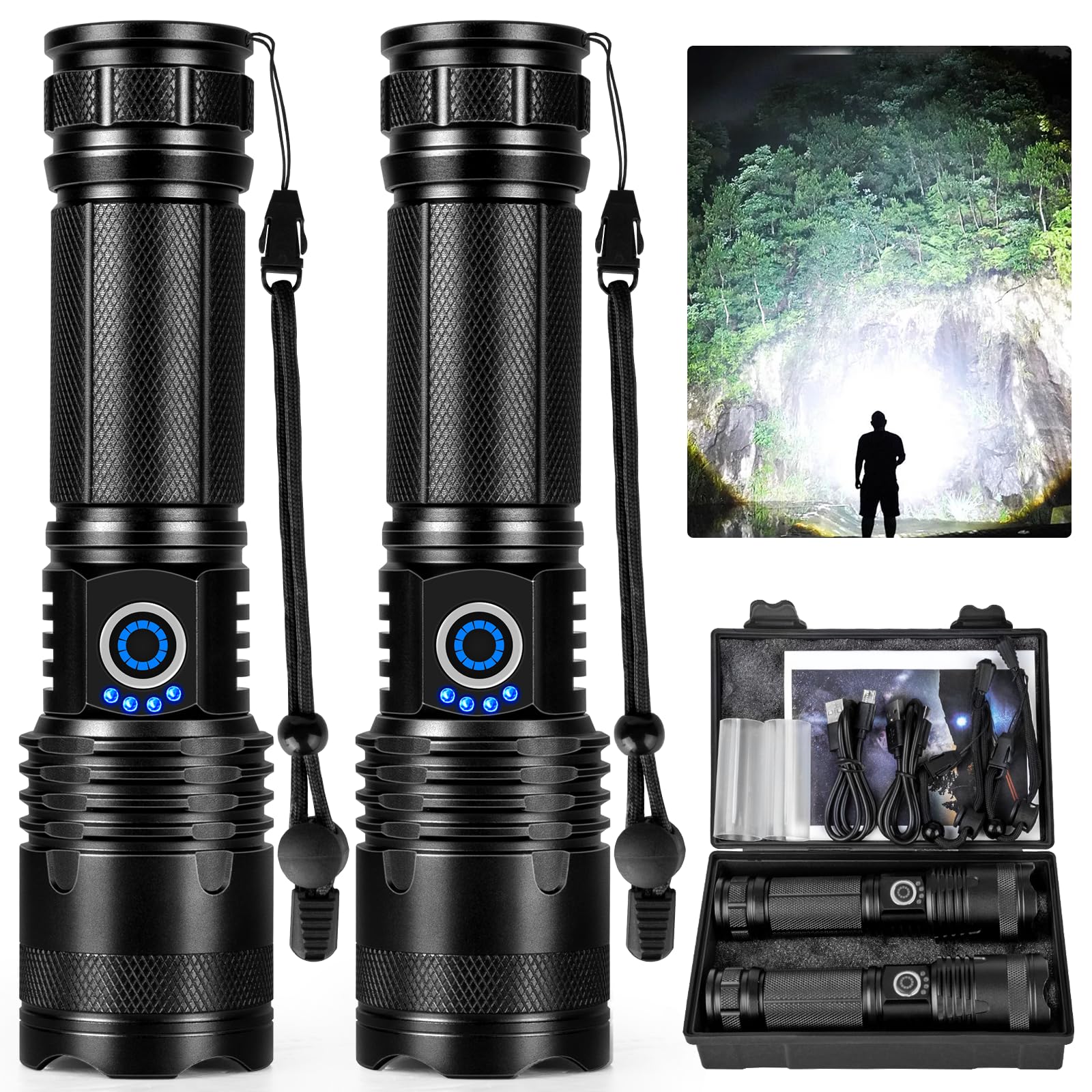Lbe Rechargeable Led Flashlights High Lumens, 990,000 Lumens Super Bright Flashlights With 5 Modes, Waterproof Powerful Flash Light Multifunctional Flashlights For Home Camping Hiking(2 Pack)