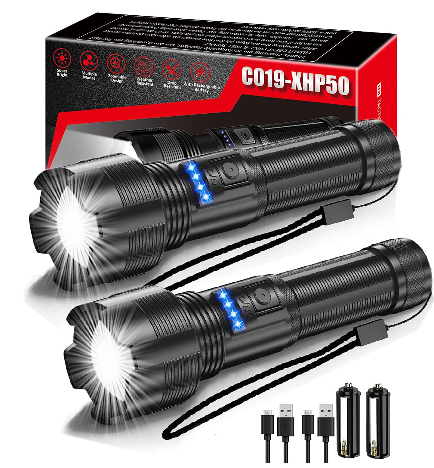 Gearmatte Led Utility Flashlights Rechargeable,Xhp50 High Lumens Super Bright Flashlight With Zoomable,5Modes,Ipx6 Waterproof Powerful Handheld Flashlight For Outdoor Camping Emergency 2 Pack