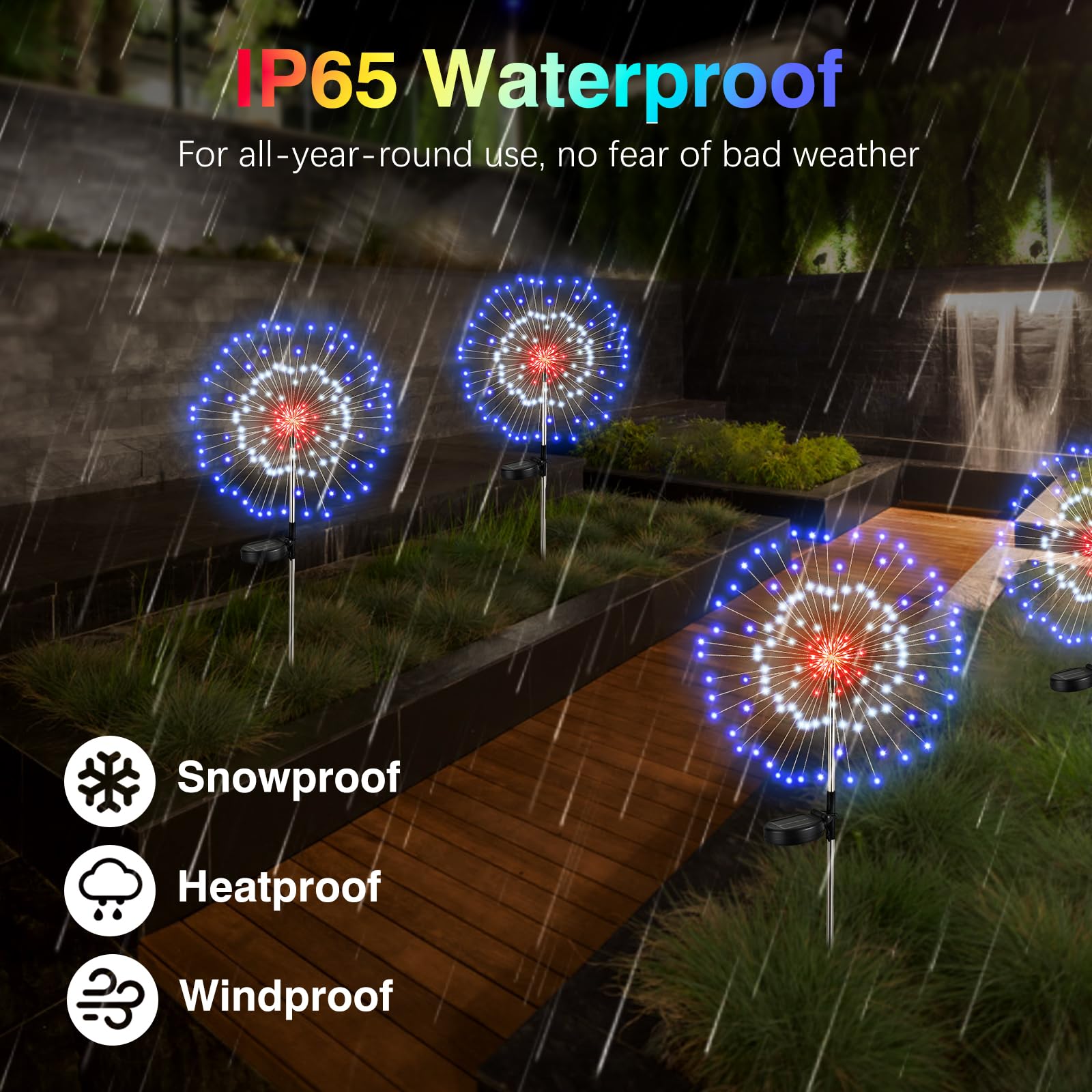 Lewondr 4Th Of July Firework Solar Garden Lights, Red Blue White Solar Firework Lights With 120 Led 2 Lighting Modes, Outdoor Waterproof Yard Lighting For Independence Day Memorial Day Decor, 4 Pack