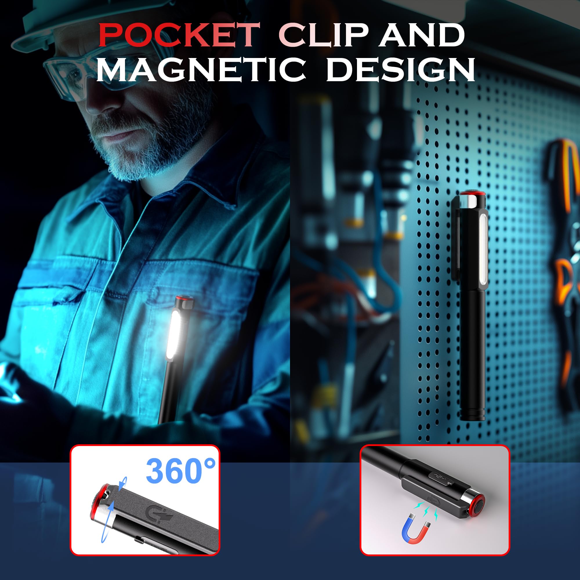 Favourlite Pen Light Flashlight, 800 Lumens Led Pen Flashlights Rechargeable 6 Modes Cob Magnetic Flashlight With Clip Bright Pocket Flashlights Work Light Portable Waterproof Durable Penlight For Nurse