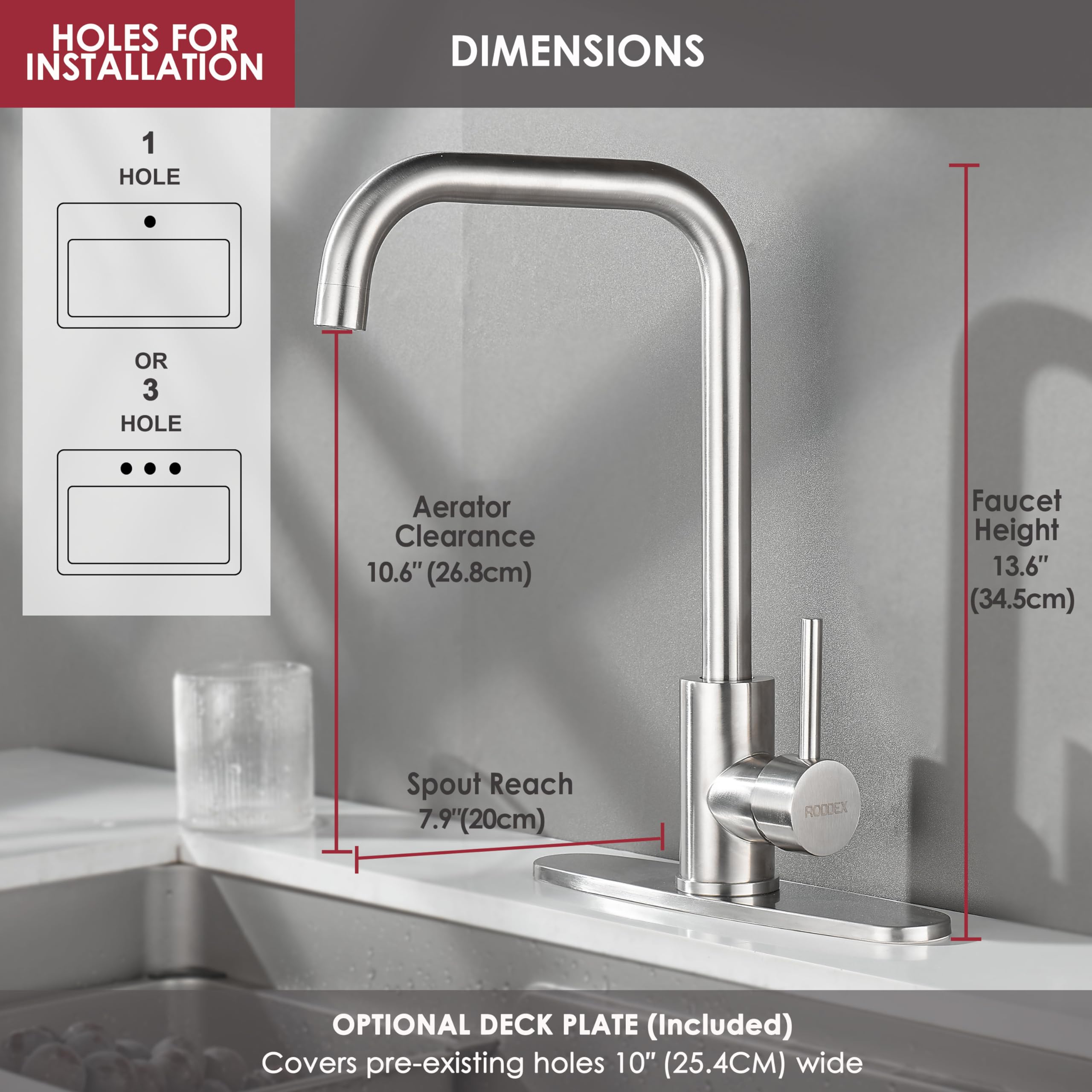 Roddex Square Kitchen Sink Faucet, Single Handle Swivel Bar Mixer With 3 Hole Deck Plate, Stainless Steel Utility Cheese Faucets For Laundry Rv Camper Outdoor Farmhouse (Brushed Nickel, Large)